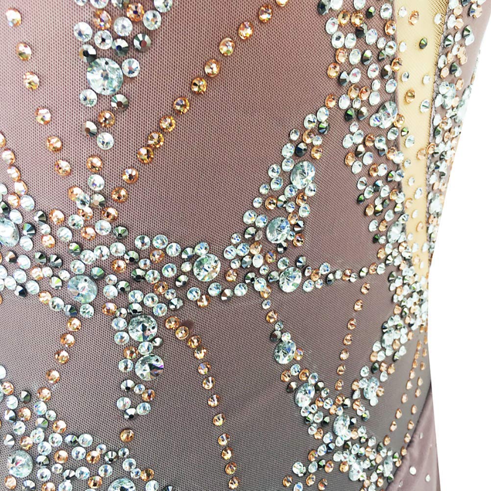 Vestido de leotardo de patinaje artístico para mujer, manga larga, malla elástica, hecho a mano, para competición, baile