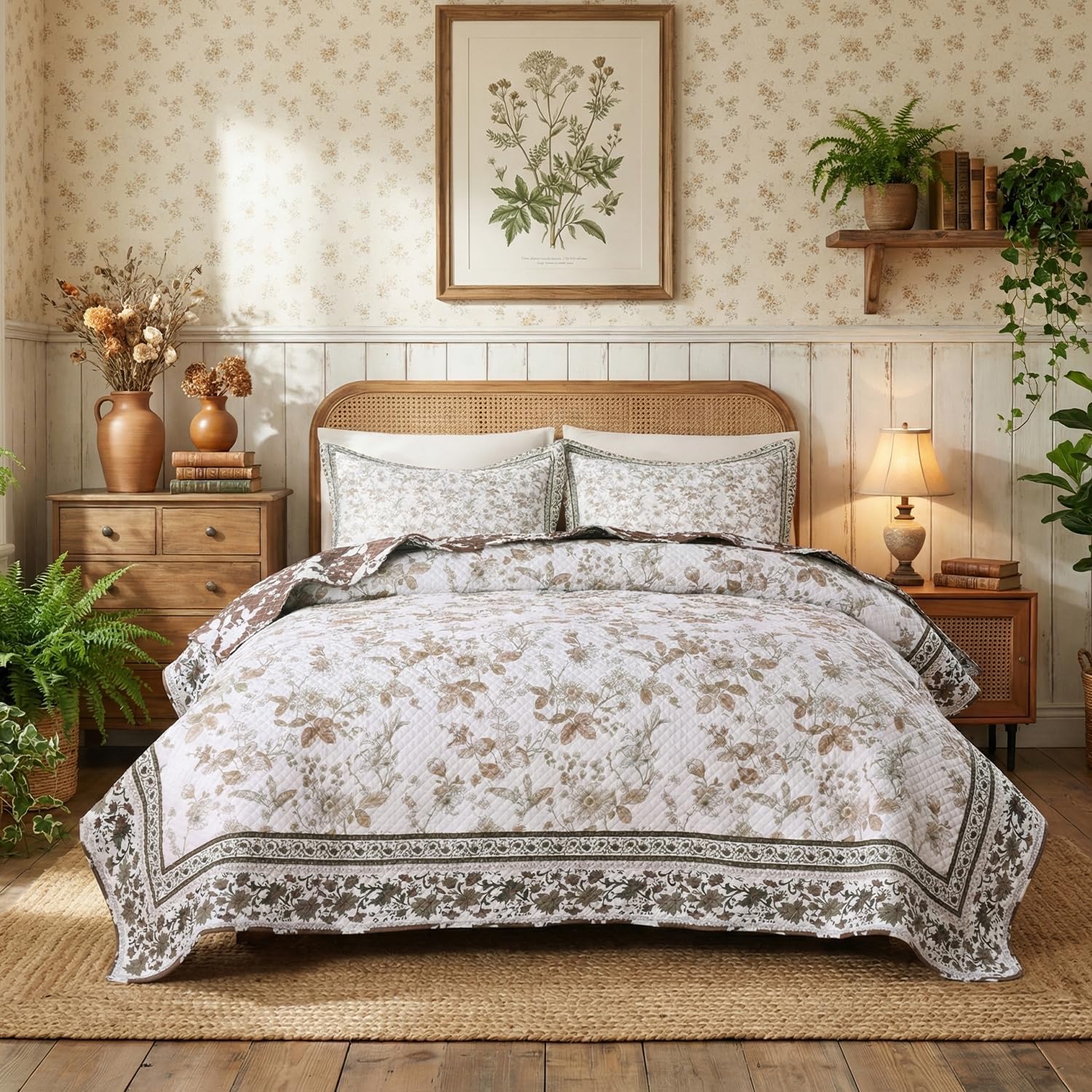 Floral Quilt Set, Denim Navy Blue Border Floral Lightweight Bedspread, 3 Piece Soft Microfiber Summer Quilt with Pillow Shams (92” x 96”)