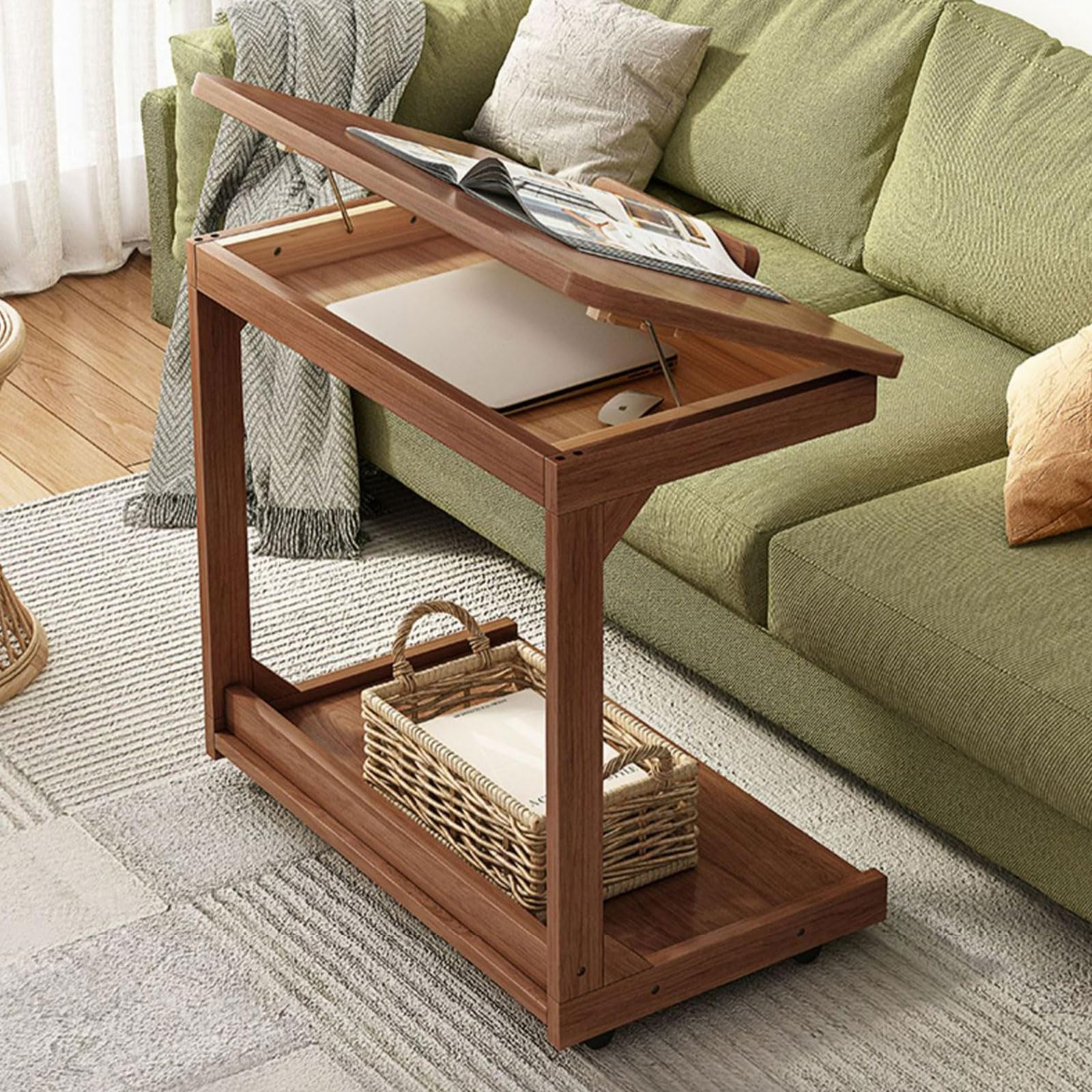 Tavolino Divano MSFE Rotante 360° – Forma A C, Piano Regolabile 0-40°, Gambe In Legno, Con Ruote E Spazio Archiviazione