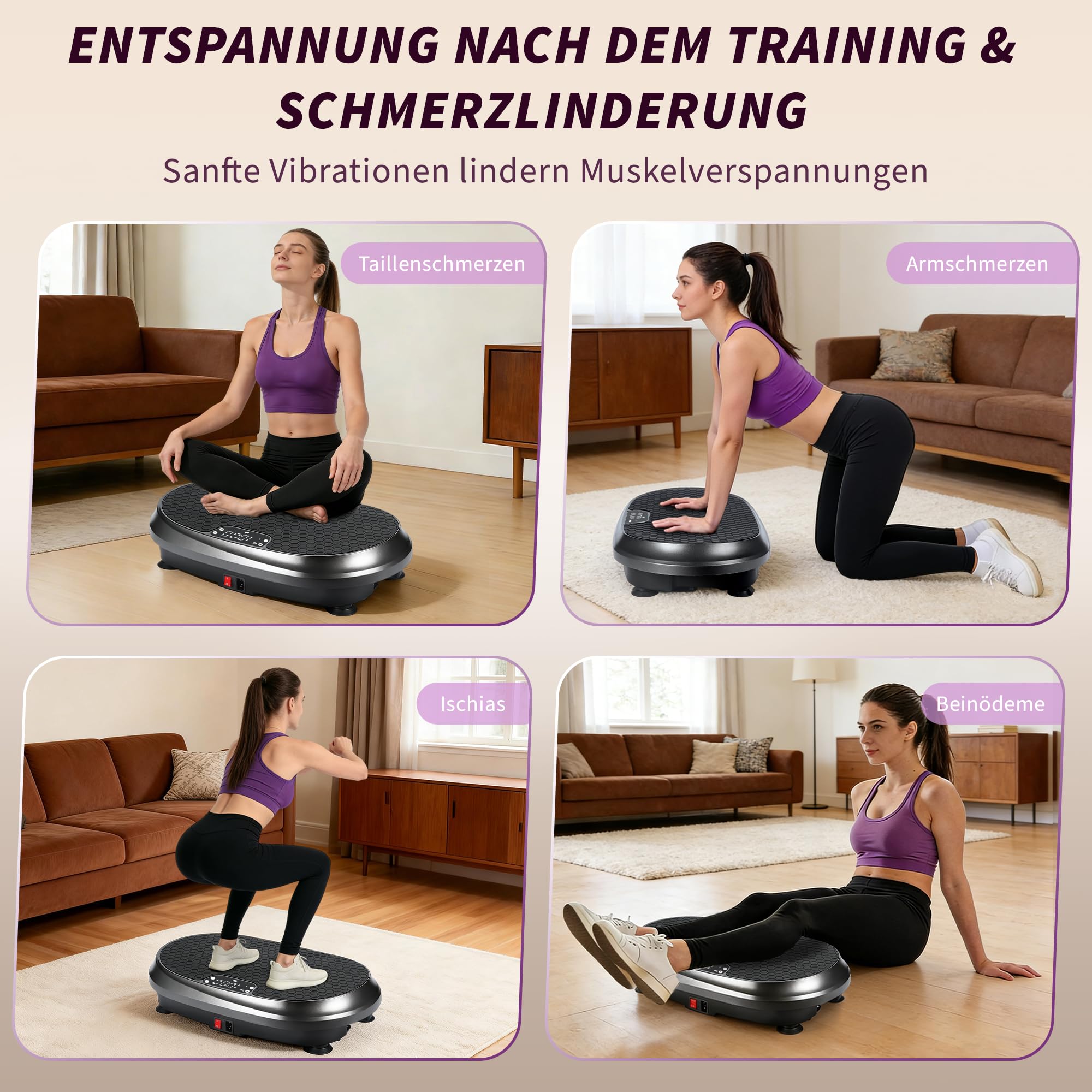 Vibrationsplatte - Vibration Plate Rüttelplatte Sport für Zuhause | Hohe Stabilität Rutschfeste Fußpads Leiser Betrieb Fernbedienung Widerstandsbänder 9 automatische Programme LED-Anzeige