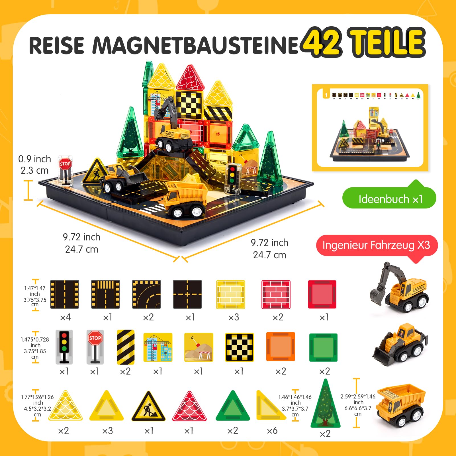hahaland Magnetische Bausteine ab 3 Jahre mit 3 Baustellenfahrzeugen & Aufbewahrungsbox, 42PCS Mini Magnetic Tiles Reisespielzeug mit Bauplatte, Montessori Spielzeug Geschenk für Kinder 3 4 5 Jahre