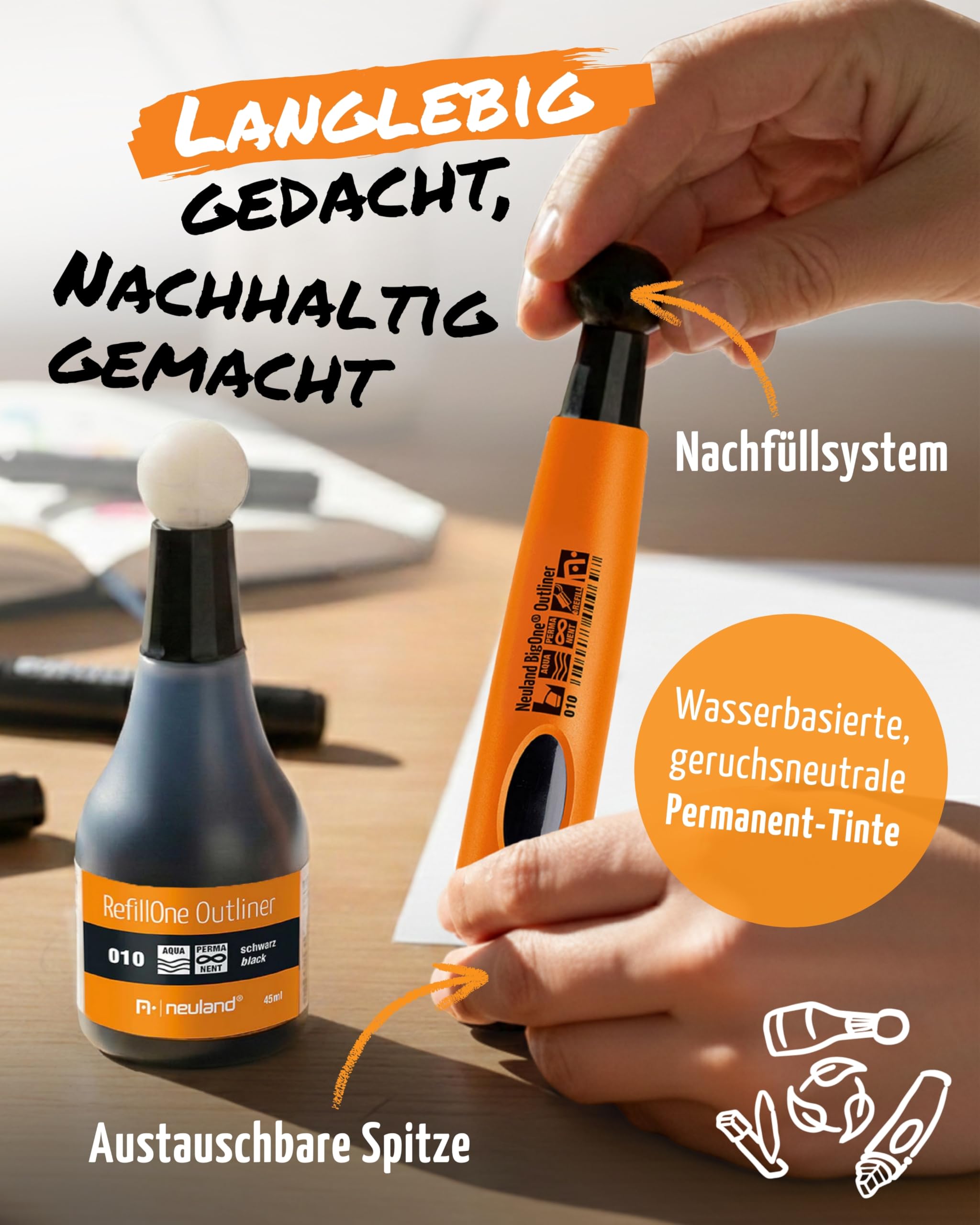 Neuland Outliner-Set I 8er Mix-Set in Schwarz mit verschiedenen Spitzen I Nachfüllbare & ergonomische Permanentmarker I Ideal für sattschwarze, verwischfeste Konturen in allen Formaten