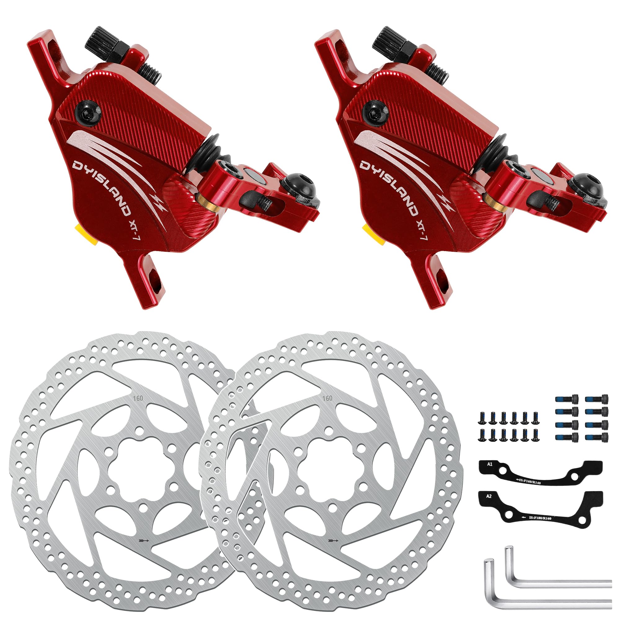 DYISLAND XT-7 Hydraulic Disc Brakes Calipers,Line Pulling/Cable Actuated Front & Rear Brake Calipers for MTB/Mountain/Road Bike/E-Bike (Red-Brakes)