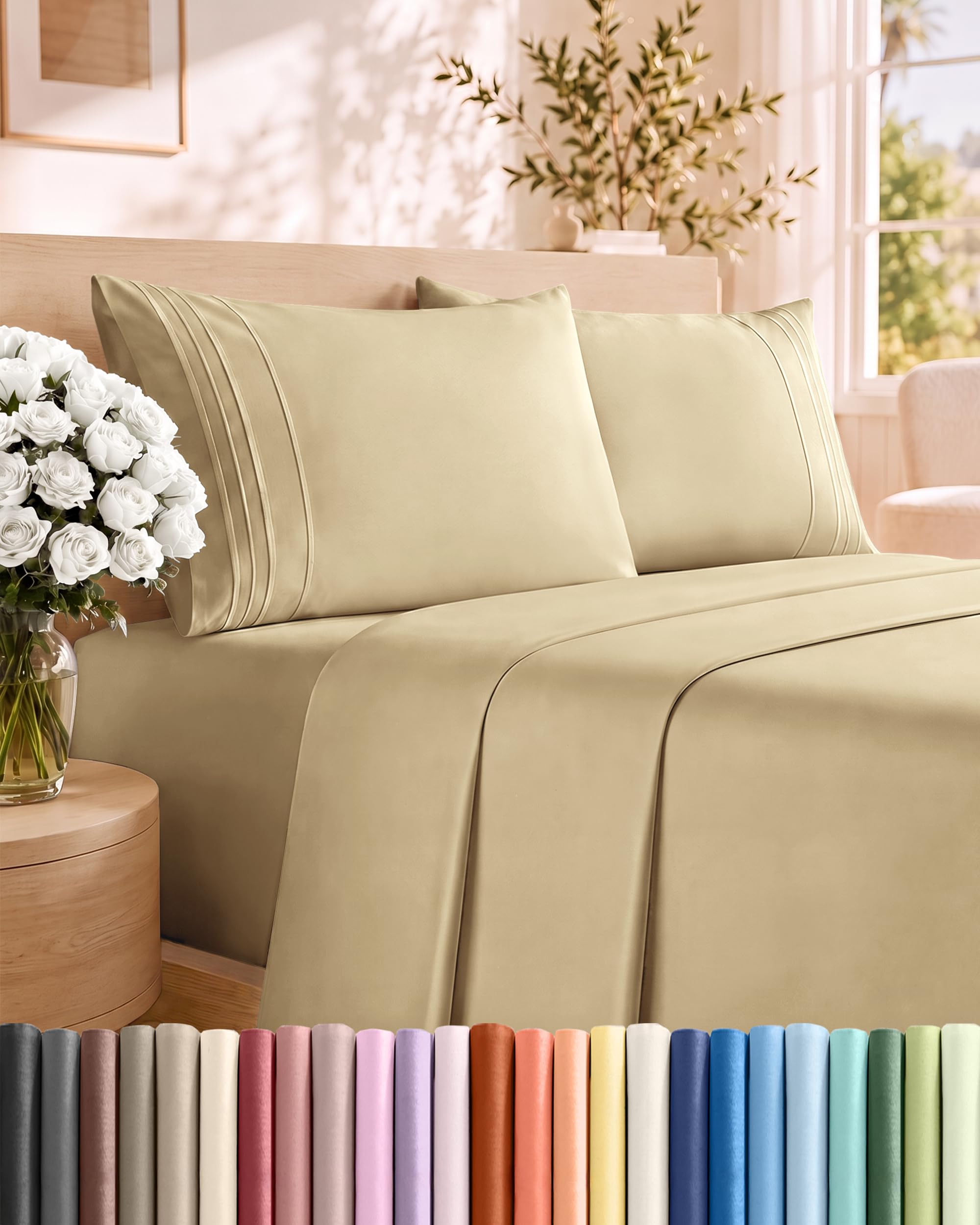 Cal King Size 4 Piece Sheet Set - Comfy Breathable &amp; Cooling Sheets - Beige