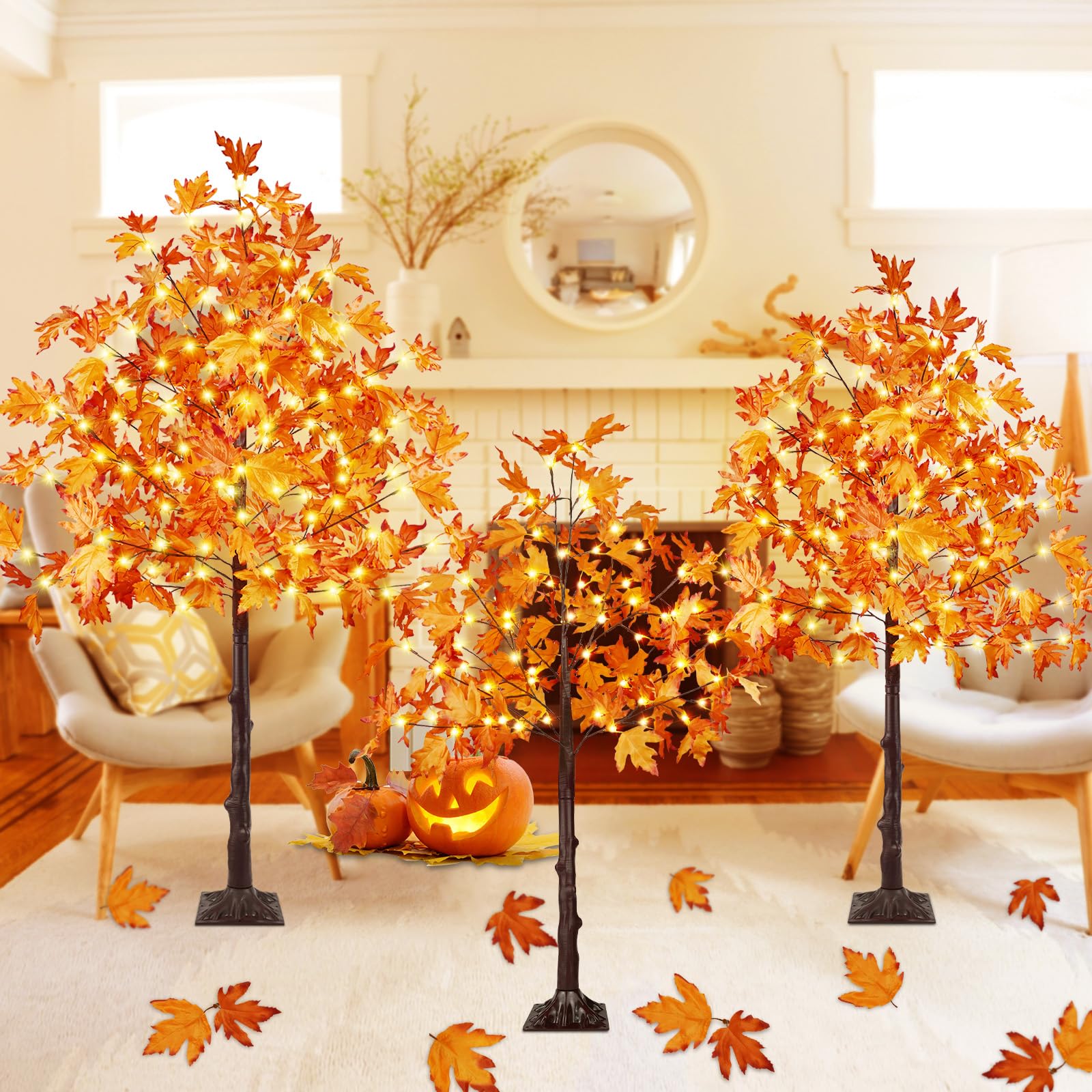3Pack 4FT 5FT and 6FT 300 LED Artificial Lighted Maple Tree,Timer Function Prelit Fall Decor Maple Tree with Warm White Light for Indoor Outdoor Harvest Halloween Thanksgiving Day