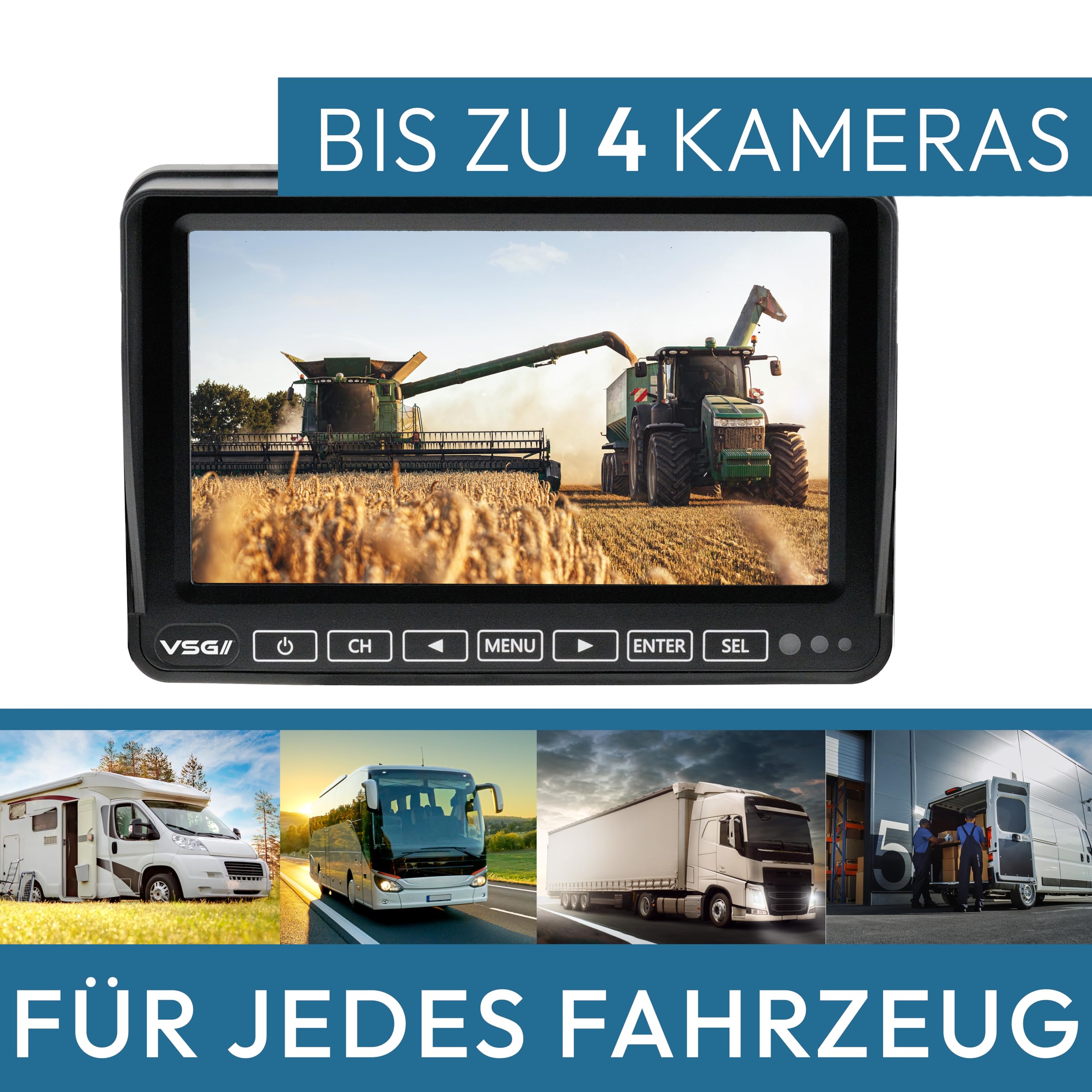 VSG24 Excellent HD Rückfahrmonitor – 7 Zoll Full HD Monitor – 4 Kameraeingänge – Touchdisplay – Loop-Aufnahme – 12 bis 32 V – für Wohnmobil, LKW & Transporter