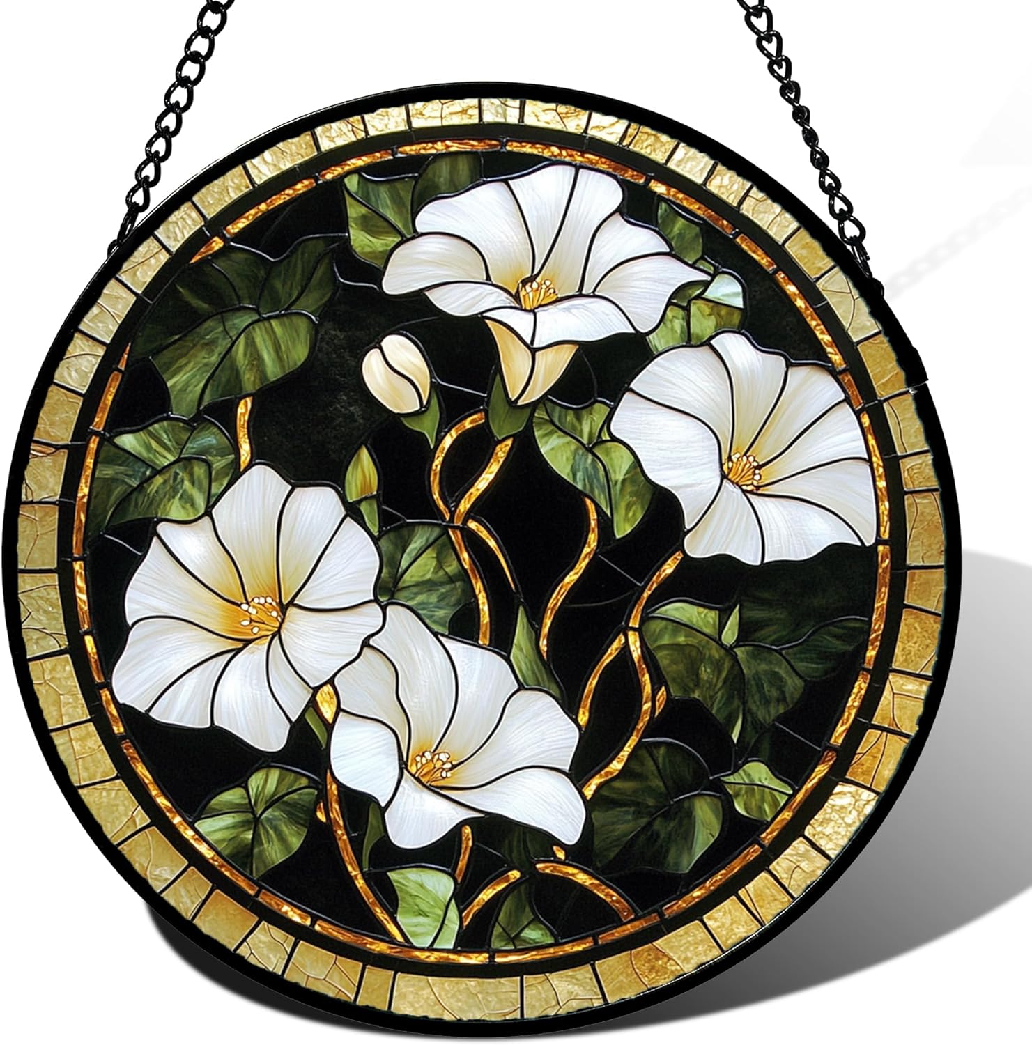 Stained Glass Window Hanging - White Morning Glory Suncatcher for Door Terrace Garden Home Decor Black Gold Flower Sun Catcher Birthday Gifts for Lovers Women Men Dad Mom Nana 11.8 in