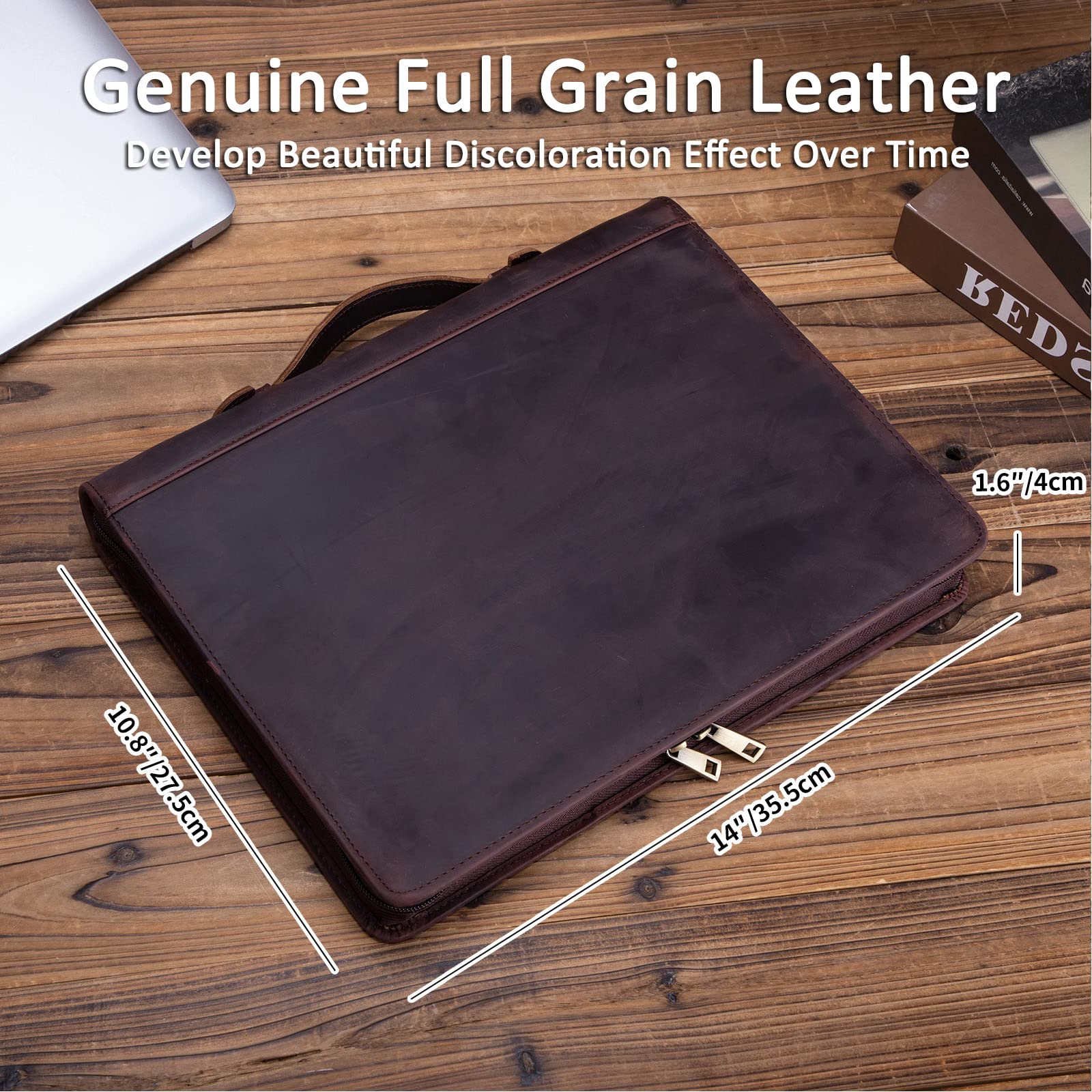 Portfolio z prawdziwej skóry z uchwytem i zamkiem błyskawicznym, segregator 3-pierścieniowy, A4 Clipboard Laptop Sleeve Business Organizer Prezent dla mężczyzn i kobiet, ciemnobrązowy