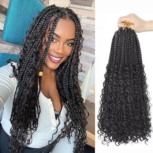 Vista 260 de Goddess Box Braids Crochet Hair With Curly Ends 18 Inch Bohomian Box Braids Crochet Braids 8 Packs 3X Crochet Braids Synthetic Braiding Hair 1B-4-30
