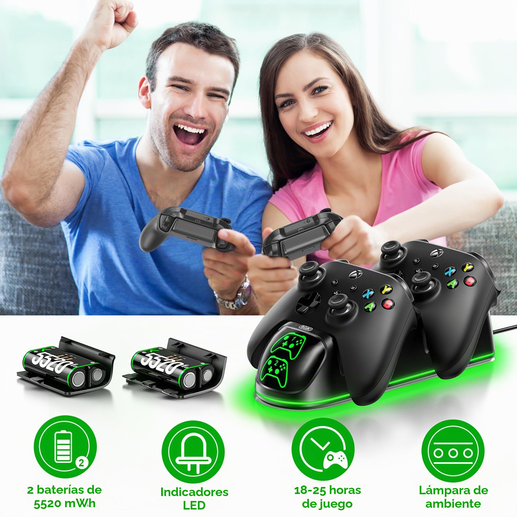 OIVO Cargador para Xbox con 2x5520mWh Baterías para Xbox Series/One X/S/Elite Mando, Base de Carga Mando X-Box con 2 Baterías Recargables y 4 Tapas de Batería para X-Box Series/One