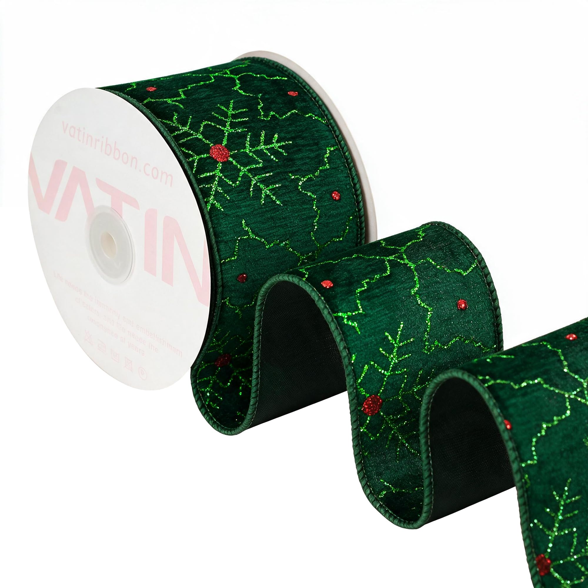 VATIN Green Velvet Glitter Snowflake Wired Ribbon, 65 MM x 9 M — image 1
