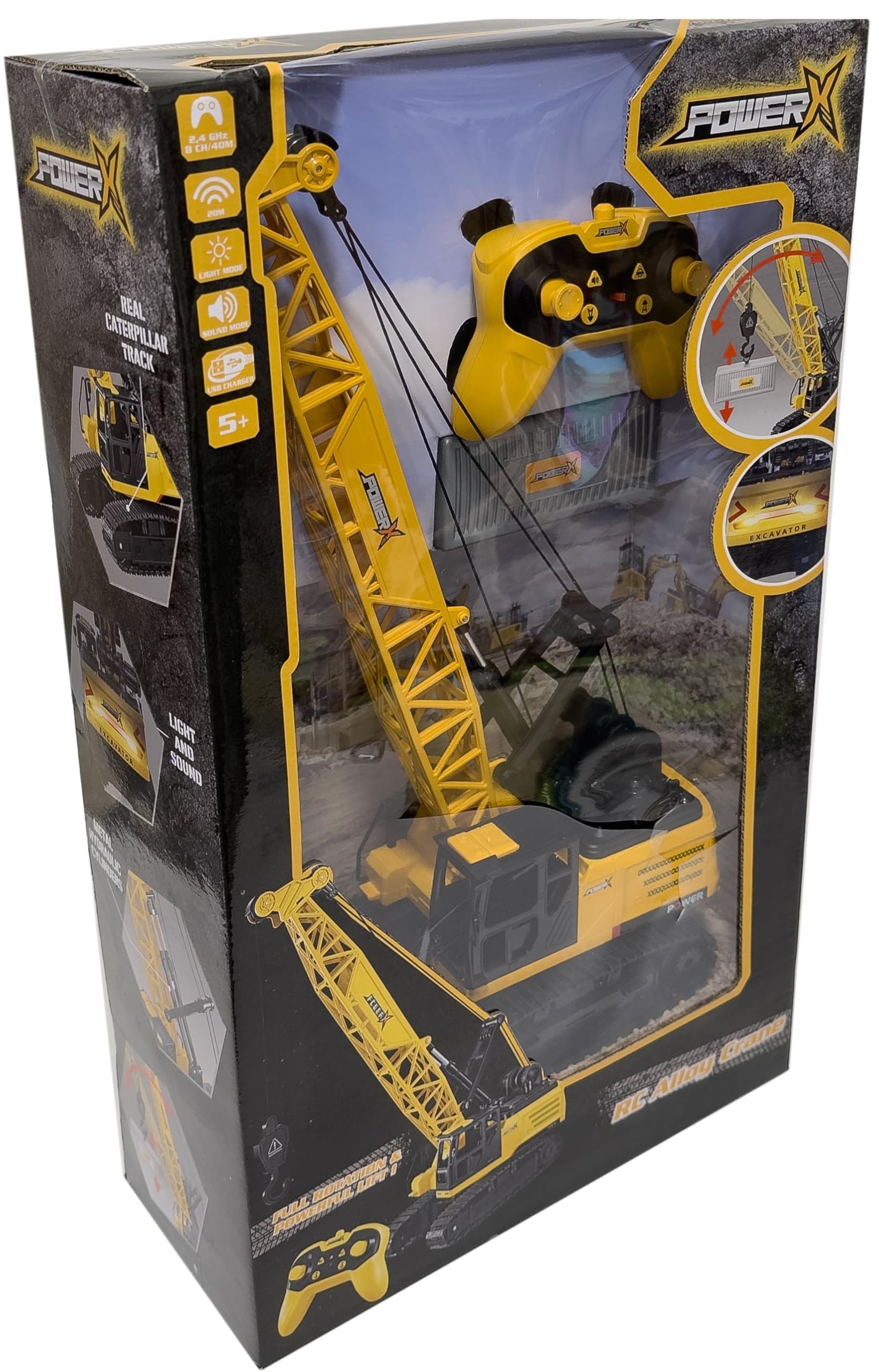 Grue radiocommandée Power X hydraulique en métal avec chenilles Caterpillar et charge USB