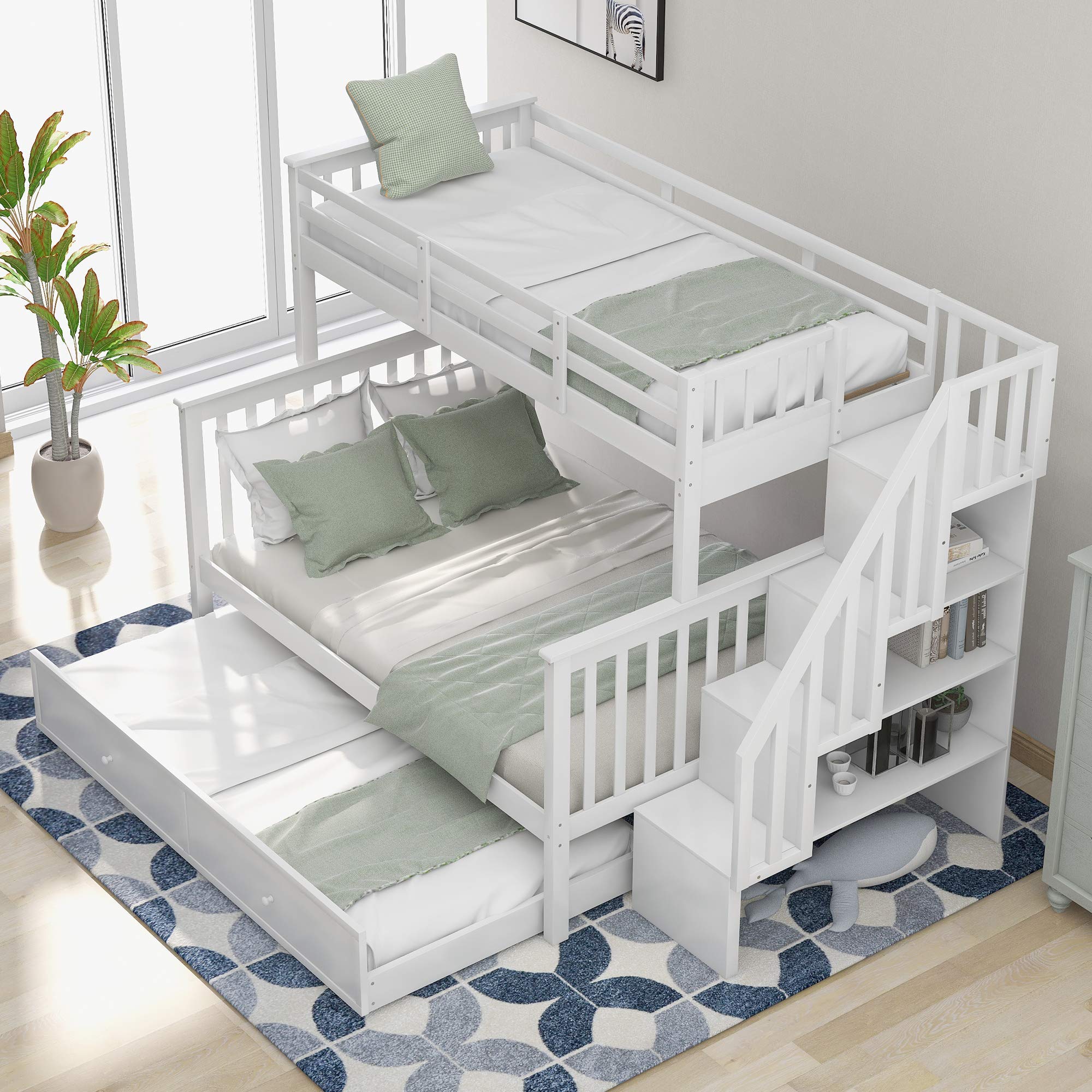Twin Over Full Bunk Bed, Wood Twin Over Full Bunk Bed Frame with Trundle and Storage Shelves, Twin Over Full Size Bunk Bed Frame with Guardrails and Stairs for Kids Boys Girls Teens Adults, White