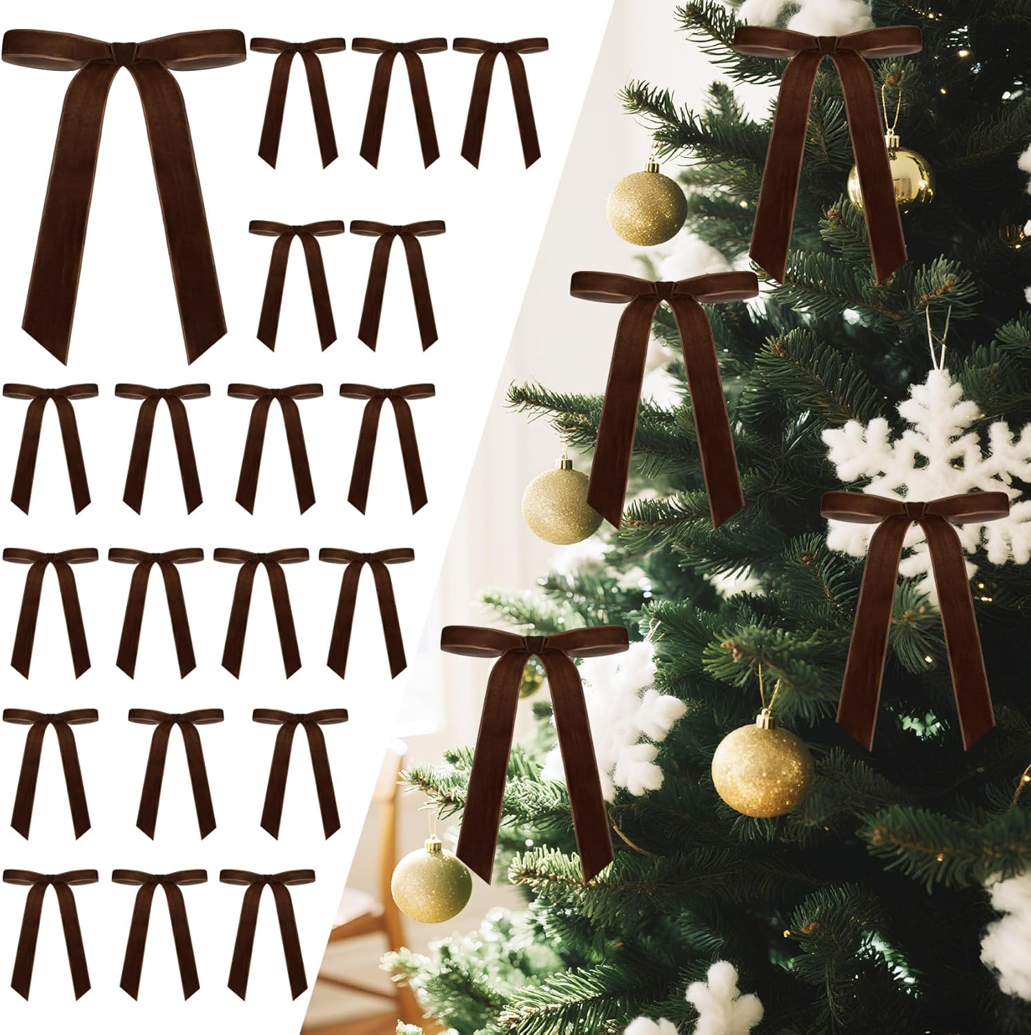24Pcs Christmas Velvet Bows for Tree, Vintage Ribbon Bows Ornaments for Garland Wreath Gift Wrapping Treat Bag Bakery Candy Bags DIY Crafts Holiday Decor (Deep Brown, 5" x 7", Width of 1")