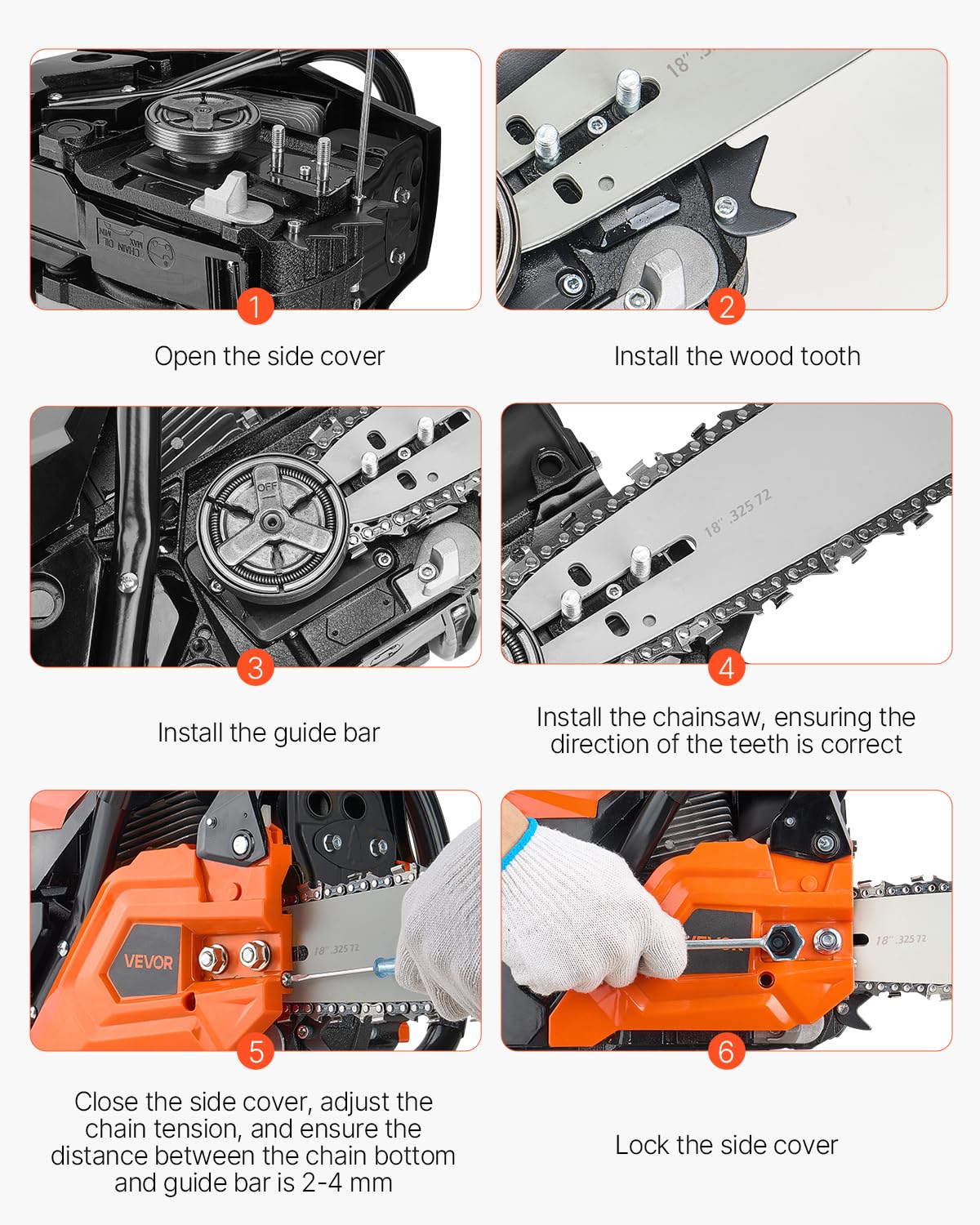 VEVOR Motosierra de Gasolina de 455 mm, Motosierra de Gasolina de 52 cc, 2,4 HP con Mango Antideslizante, Doble Depósito de Combustible, Ideal para Cortar Madera, Podar Árboles y Limpiar Terrenos