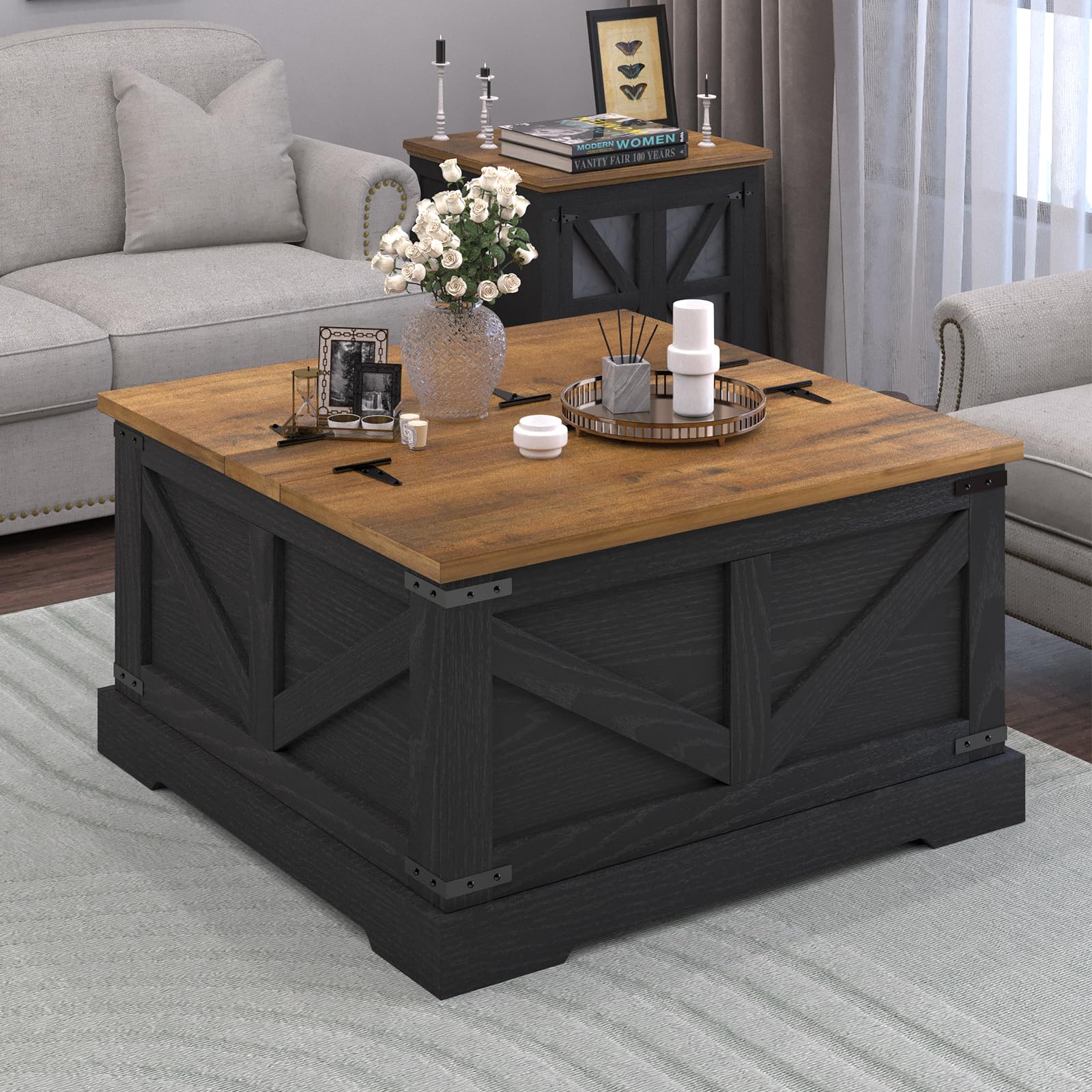 REVOMINCA Farmhouse Coffee Table with Hidden Storage Compartment, Black Square Coffee Table for Living Room, Wood Center Table with Hinged Lifting