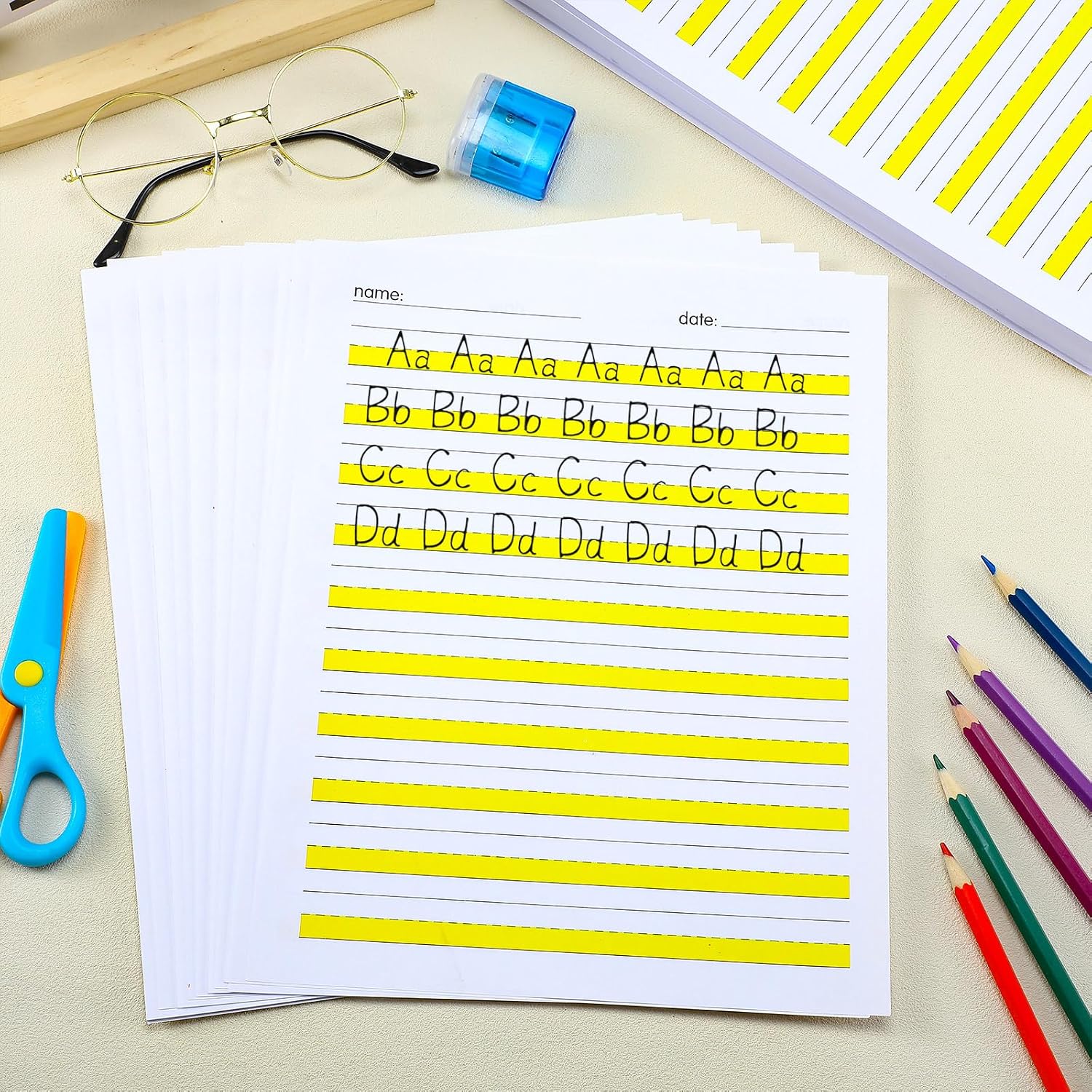 Fullhawl 400 Sheets Write Beginner Paper Level 2 Highlighted Paper Writing Paper with Lines and Yellow Highlighted Practice Writing Paper for Kids Right Letter Positioning Intermediate Paper