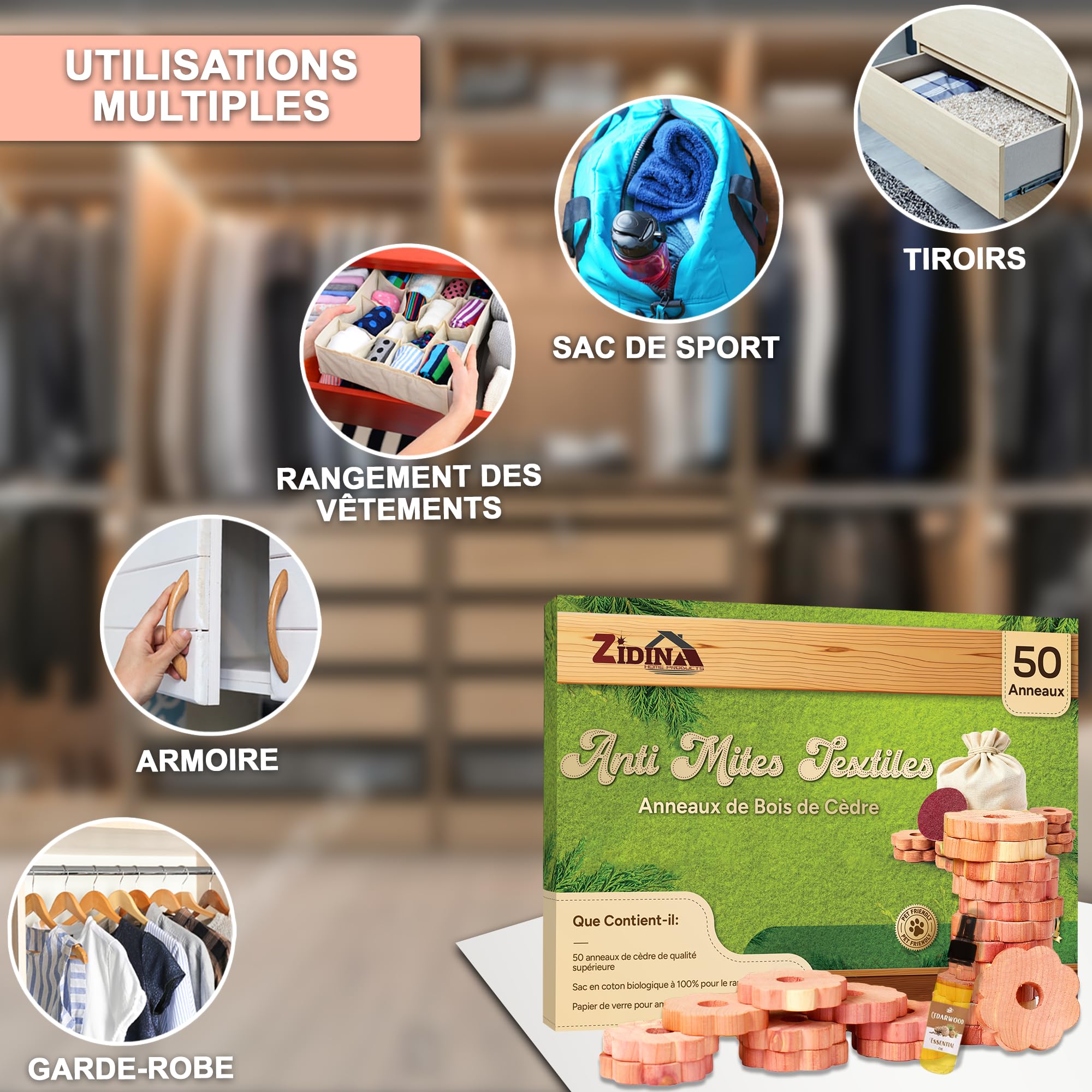 Anti Mites Textiles Pack de 50 Anneaux pour Vêtements avec Huile de Cèdre 4,5 ml