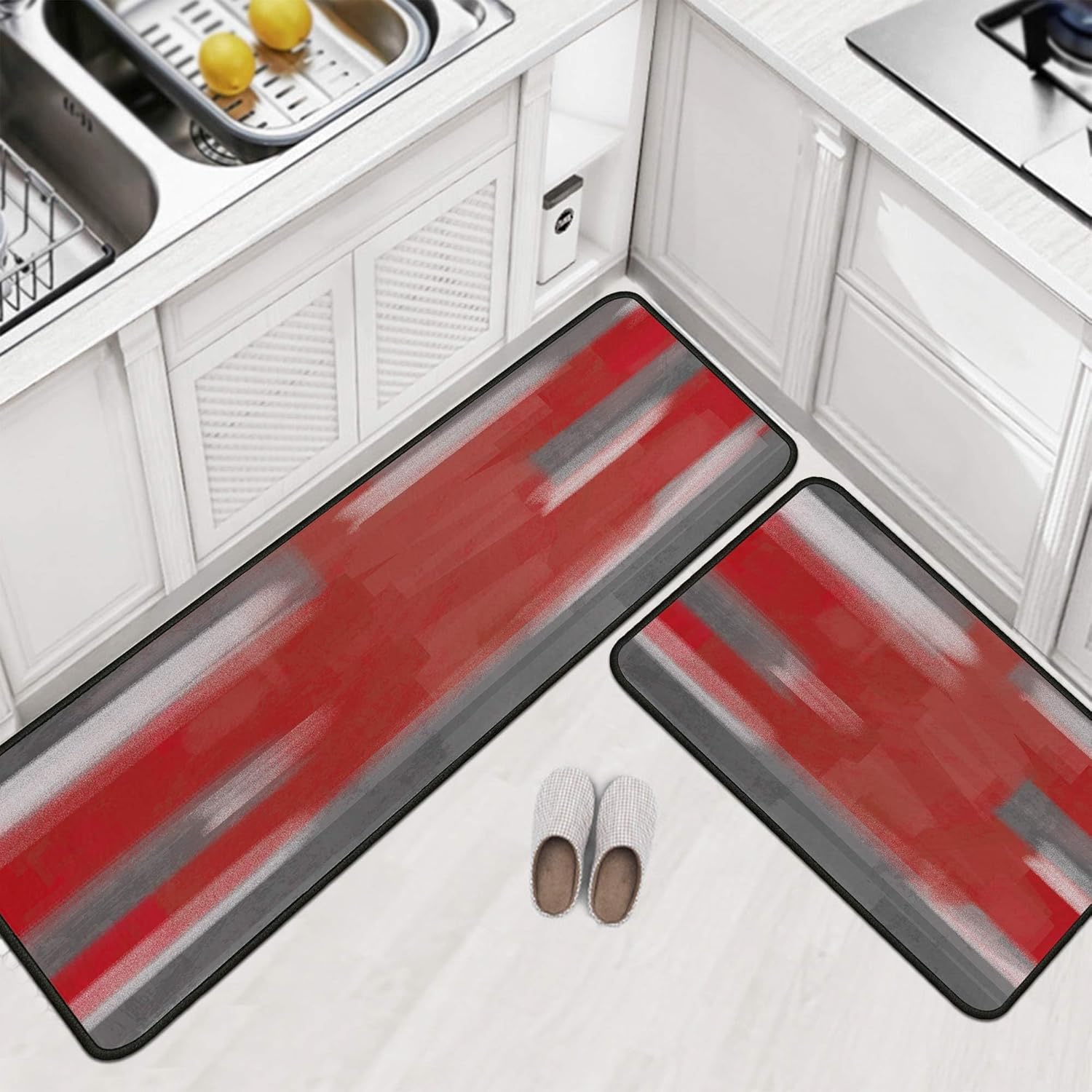 Red Kitchen Rugs Set of 2 Abstract Kitchen Mats for Floor Non-Slip Backing Kitchen Mat Washable Doormat Runner Rug Set for Home Red Kitchen Decor and Accessories 17"x47.2"+17"x30"