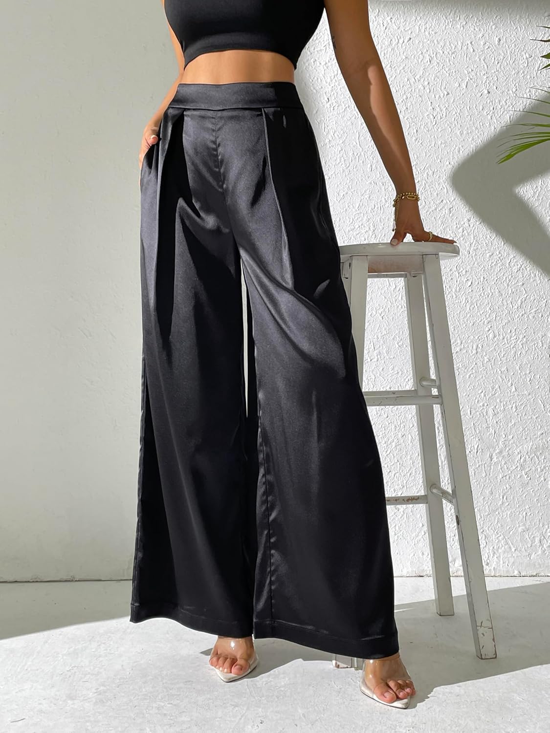 Women's Satin Wide Leg Palazzo Pants Plicated Silky Pull on Party Dress Casual Pant Trouser - Image 3