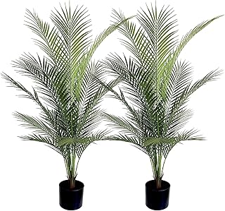 Artificial Palm Tree 4FT Fake Palm Tree with 15 Trunks Perfect Faux Dypsis Lutescens Plants in Pot for Indoor Outdoor House Home Office Garden Modern Decor Housewarming Gift (2Pack)