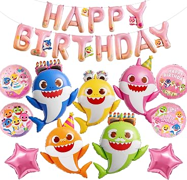 PartyWoo Baby Shark Pink Round Star Mylar Boys Girls Foil Balloons 13pcs