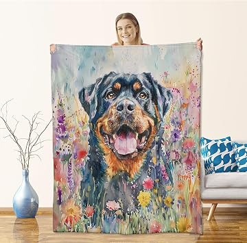 Rottweiler Blanket for Adults Kids, Flannel Rottweiler Dog Blankets Gifts, Flower Floral Rottweiler Throw Blanket for Sofa Couch Bed Living Room Soft Warm Cozy Rottweiler Decor 60" x 50"