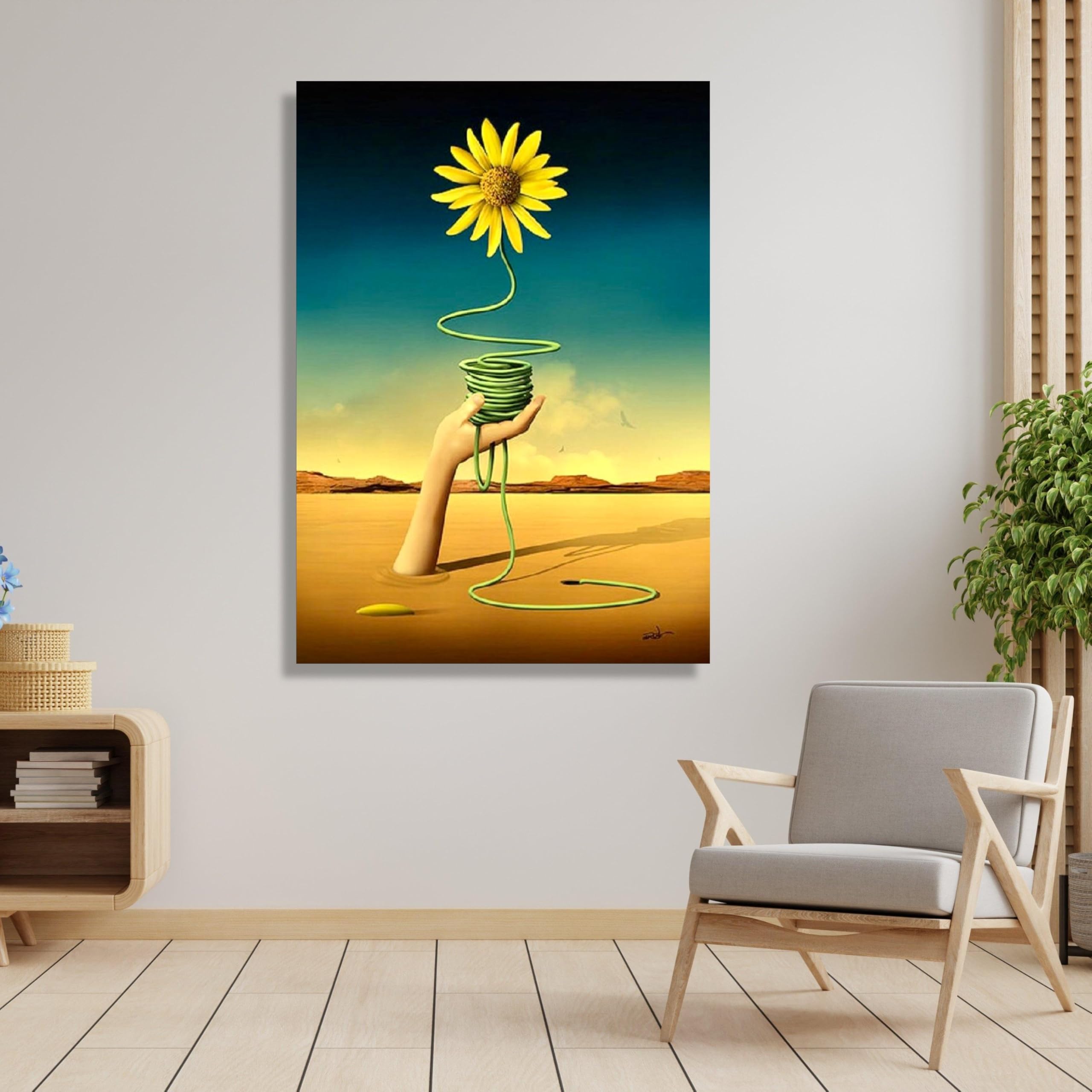 TONGYINLI Pósteres e impresiones abstractos de girasoles, lienzo de una mano sosteniendo un tallo, pintura clásica surrealista moderna, decoración del hogar (60 x 80 cm/marco interior)