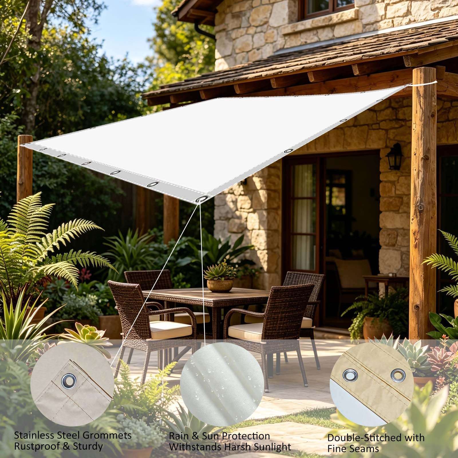 Tenda Parasole 120 x 175 cm Protezione UV con Fune e Occhiellato Tenda a Vela Rettangolare per Esterno Vele Parasole da Giardino Grande per Giardino, Terrazzo, Sabbia, Bianco