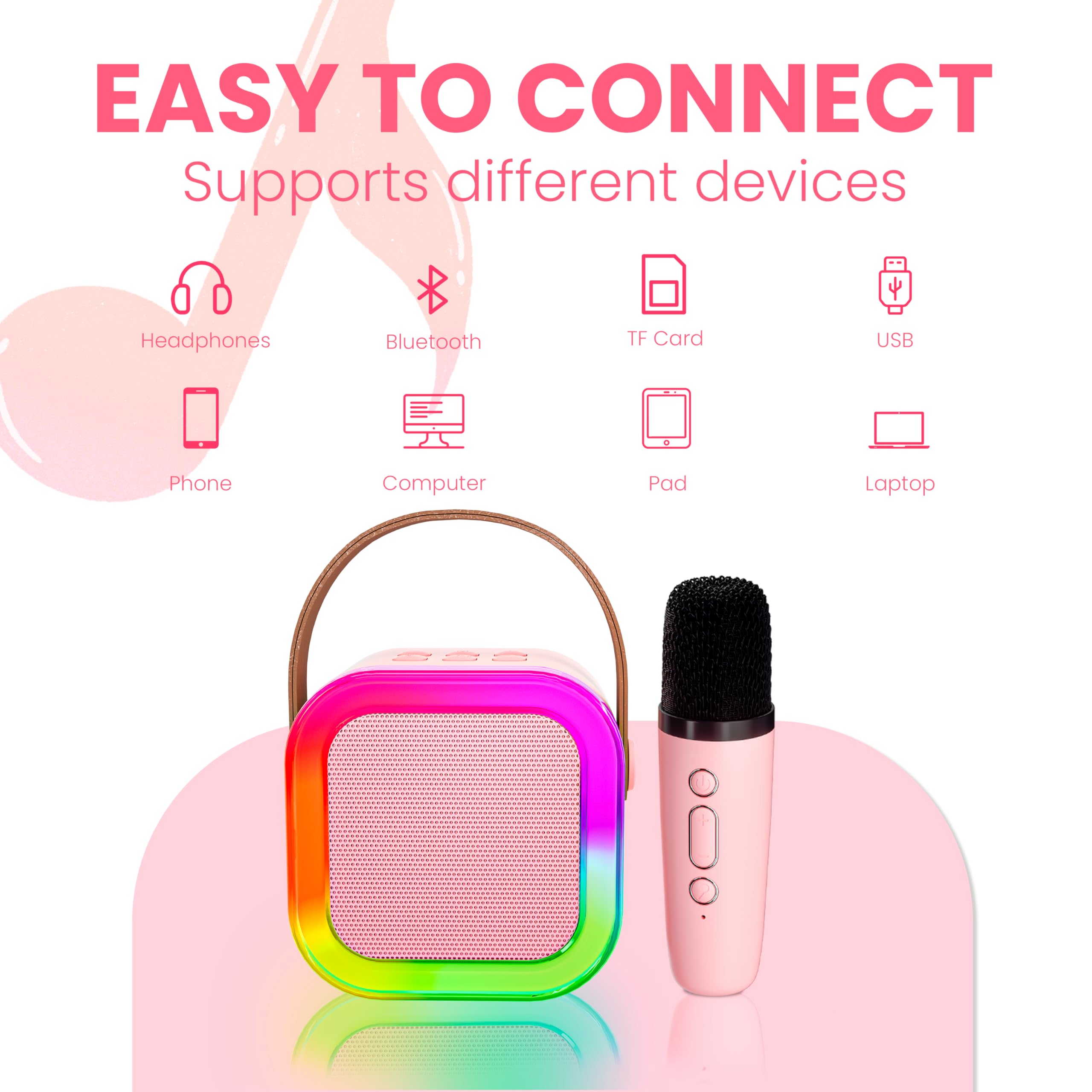 Karaoke con Microfono per Bambini 4-9 Anni, Microfono Bluetooth con Effetti Cambia Voce, Regalo Compleanno Natale Rosa