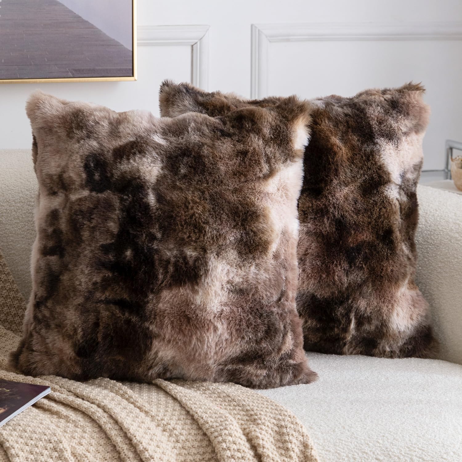 Madizz Pack of 2 Thick Plush Faux Wool Cushion Covers 30x50 cm Mottled Tortoiseshell Brown Soft Neutral Decorative Throw Pillow Covers Accent Boho Pillowcases for Couch Sofa Bedroom Pillow Shell