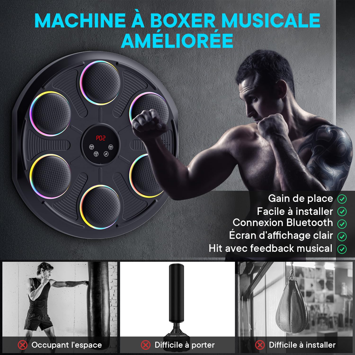 Machine de Boxe Musicale - Boîte Murale Musique, 12 Modes de Vitesse et LumièRe & Bluetooth, Gants MMA Inclus, Salle de Sport à Domicile pour Adulte et Enfant - Fitness, Loisir Familial