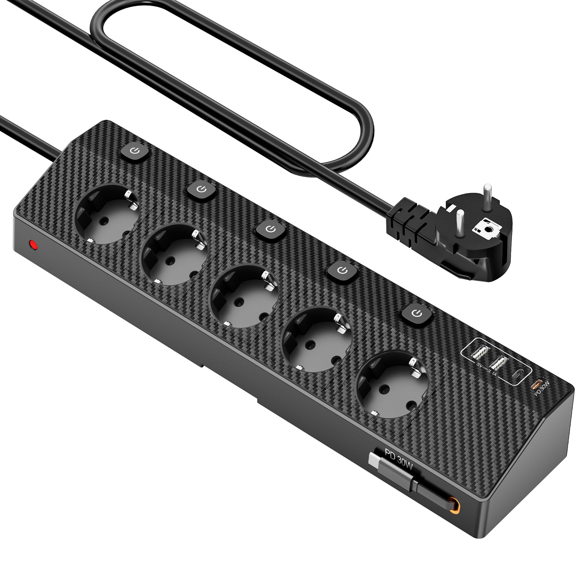 Tischsteckdose Steckdosenleiste mit 2 USB C (PD 30W),5 Fach Mehrfachsteckdose mit Schalter,Steckdosenleiste mit USB,4000W/16Amit 2M Kabel für Zuhause Büro und Reisen