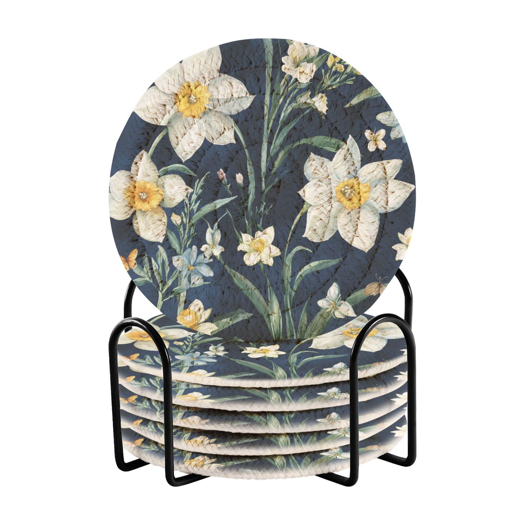 Sweet Daffodils Navy Blue Cotton Rope Coasters and Holder Set of 6 Home Coasters