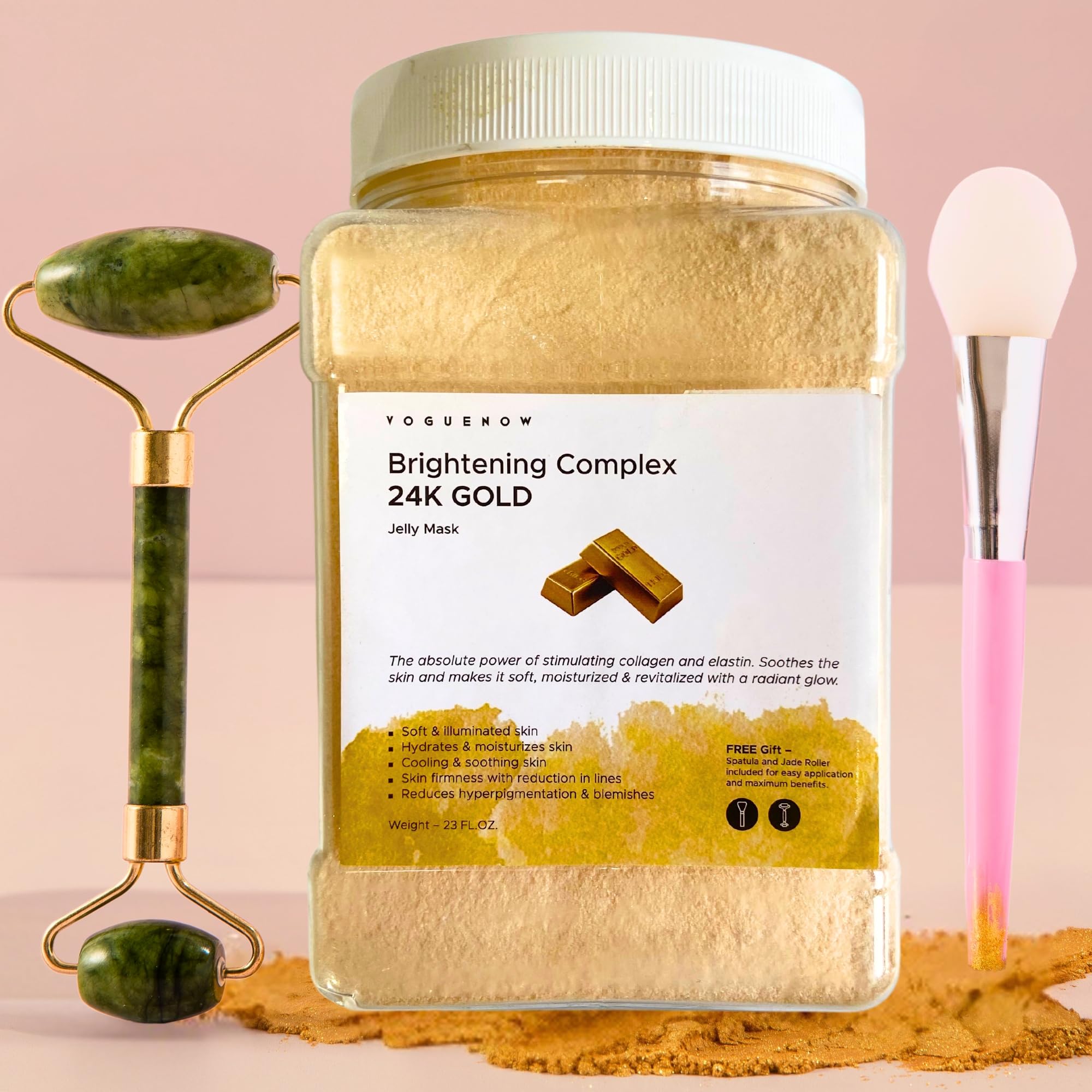 VogueNow Jelly Face Mask for Facials - 24K Gold Hydrating, Brightening & Nourishing Jelly Mask with Free Jade Roller & Spatula | Professional Hydrojelly Masks | Vajacial Jelly Mask Powder | 23 Oz Jar