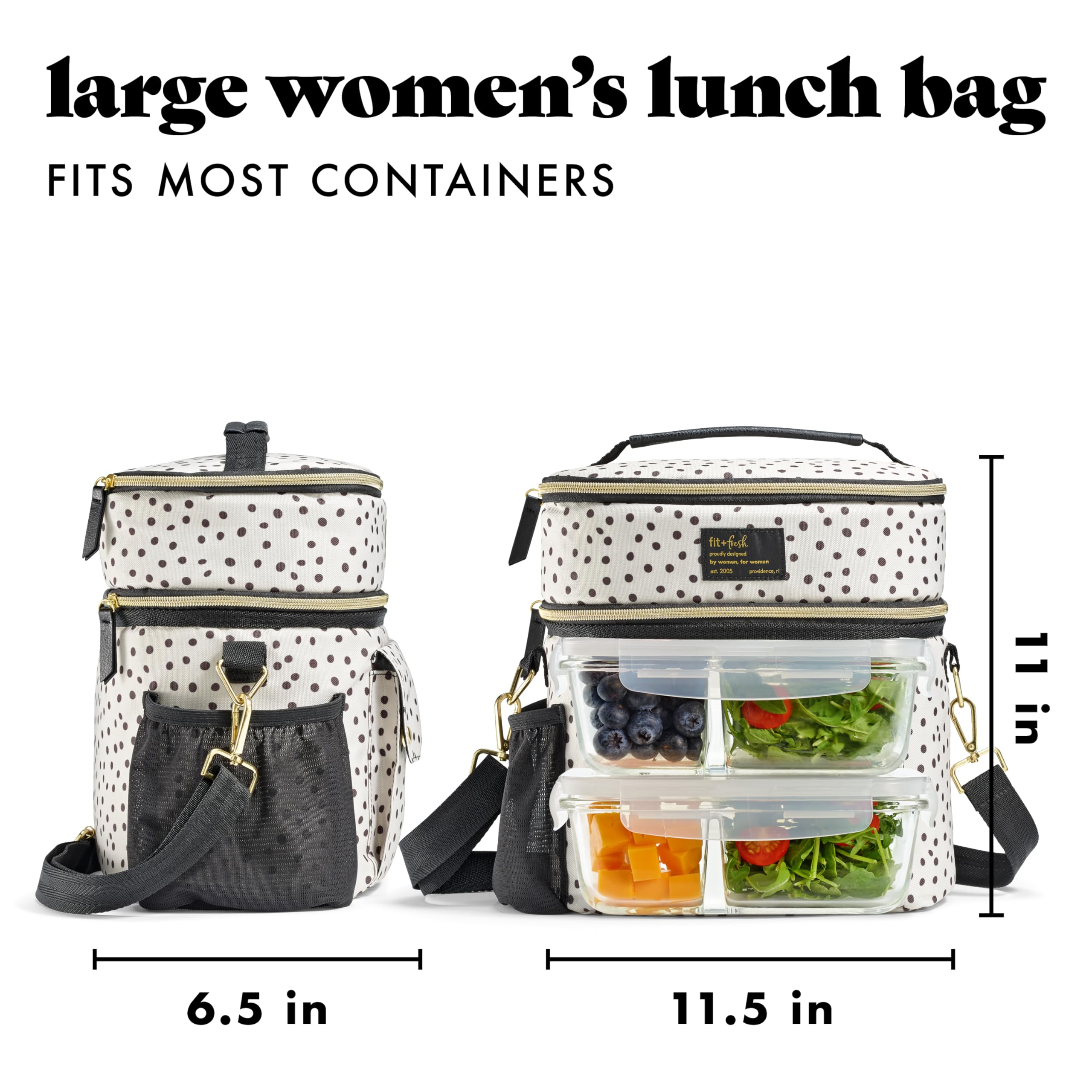 Fit & Fresh Westminster - Bolsa de almuerzo isotérmica con doble compartimento para mujer, paquete completo con 2 contenedores, bolsa isotérmica de doble compartimento con correa ajustable, lunares