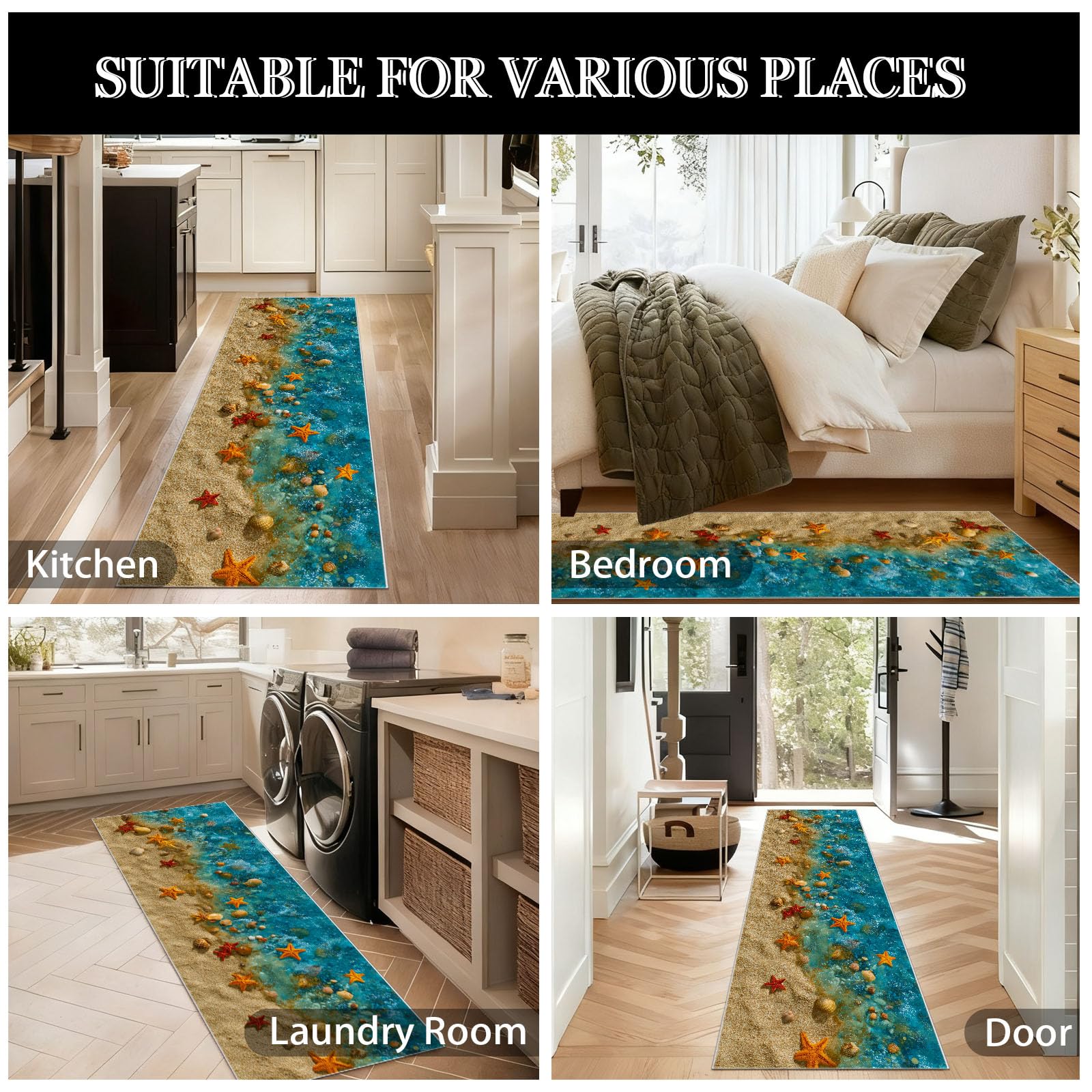 Mer Vague Plage Tapis Cuisine Devant Evier Lavable Coquillage étoile de mer Descente de Lit Antidérapant 60x180 cm Thème Océan Tapis de Passage pour Couloir, Passage, Chambre à Coucher, Salon