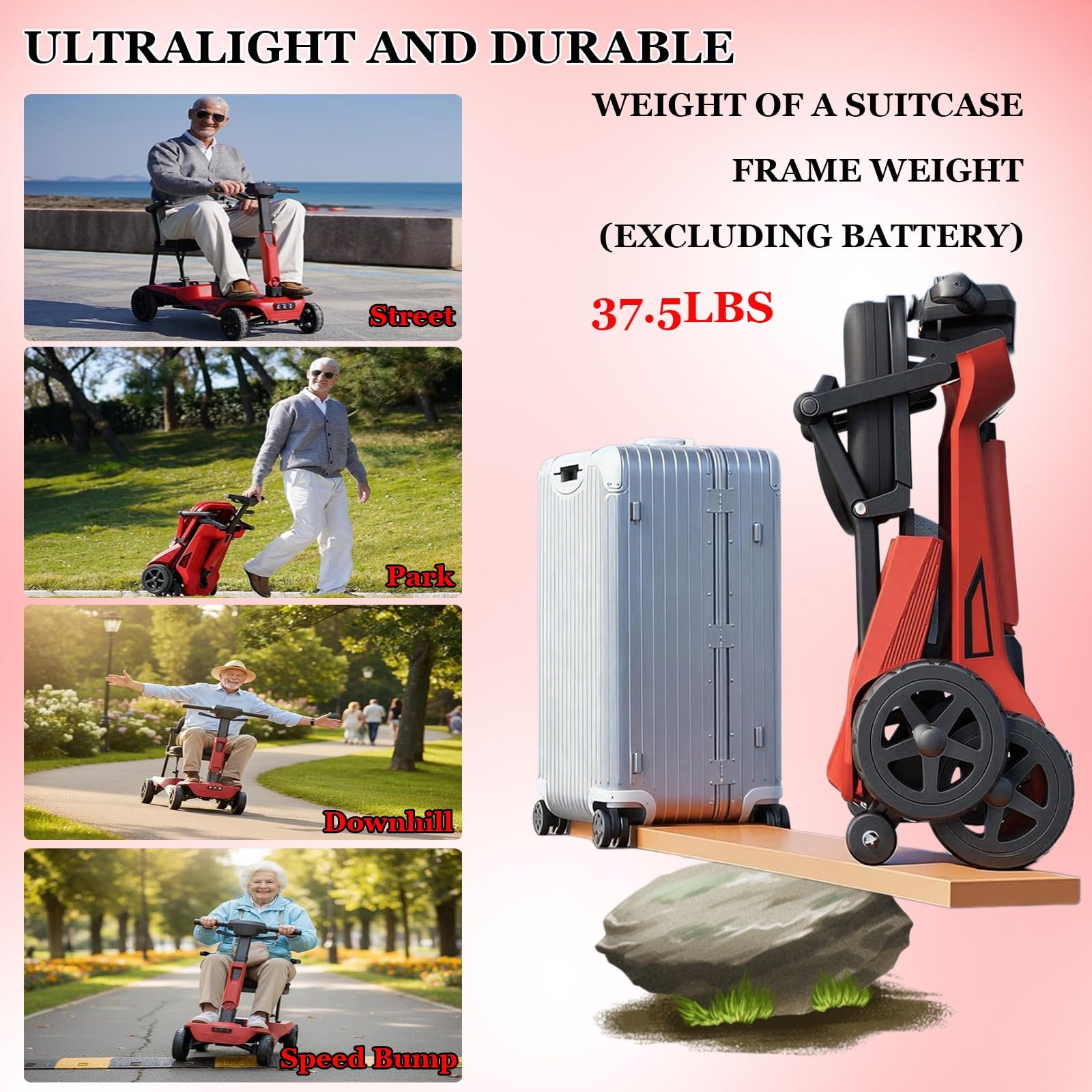 Scooter De Mobilité Pliable Scooters pour Seniors Équipé De Deux Batteries Au Lithium De 6,6 Ah Limite De Poids 100 Kg Pliable pour Un Transport Facile Red