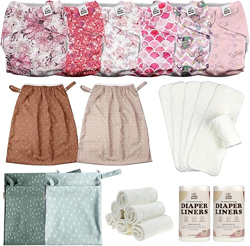MK 3.0 - Pañales de tela para bebé con 6 inserciones, con forros Bboo, inserciones de 5 capas (paquete de 6), bolsas húmedas y forros para cubos.
