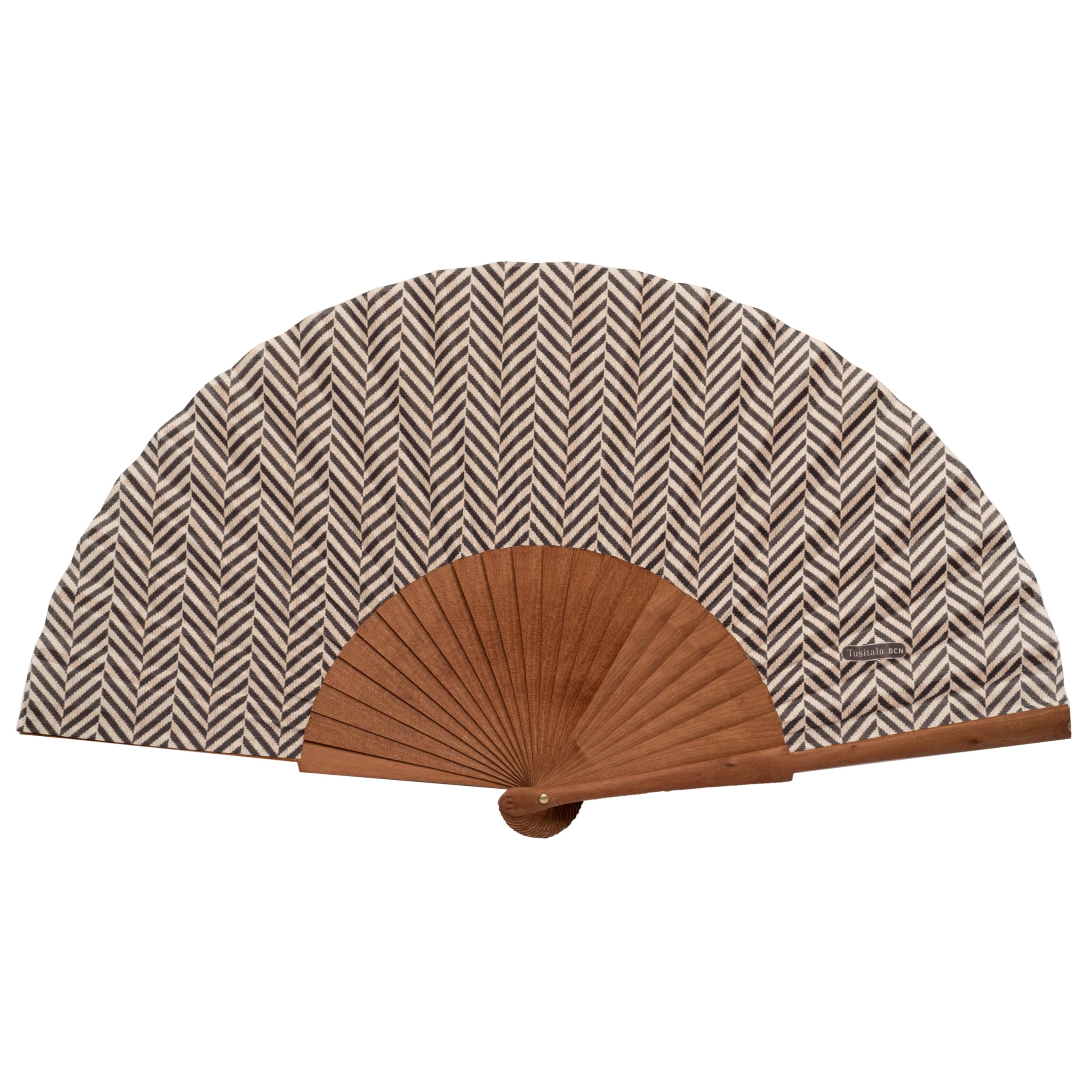 Ventaglio spagnolo Espiga Marrón - Legno e cotone - 23 cm - Custodia in yute natural - Accessorio moda - Fatto a mano in Spagna - Eventi e regali - La nostra collezione classica - Tusitala Barcelona