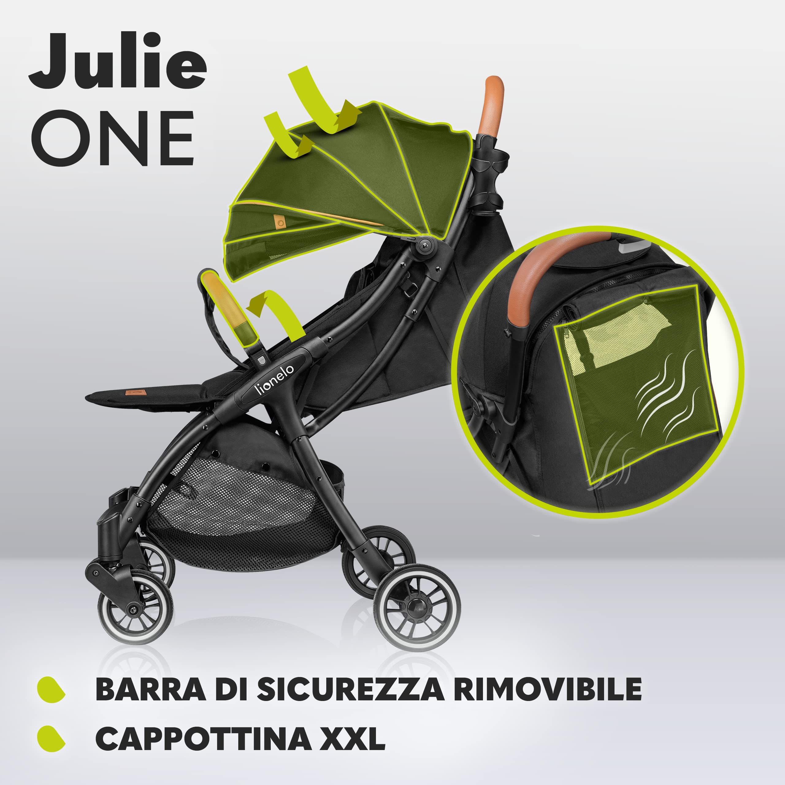 LIONELO Julie One Passeggino Leggero e Pieghevole dalla Nascita a 22 kg | Compatto, Schienale in Posizione Sdraiata e Poggiapiedi Regolabile, con Zanzariera, Coprigambe, Portabibite e Borsa
