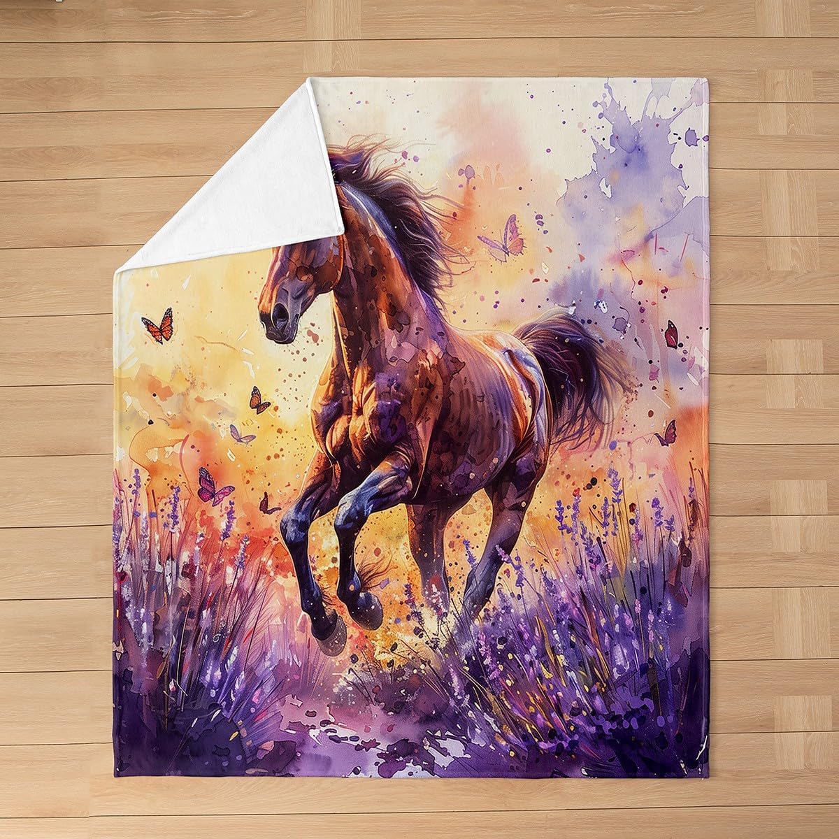 Feelyou Horse Fuzzy Blanket Set Galloping Horse Flannel Fleece Throw Blanket for Kids Boys Girls Purple Lavender All Season Bed Blanket Butterflies Plush Blanket Queen 90"x90"