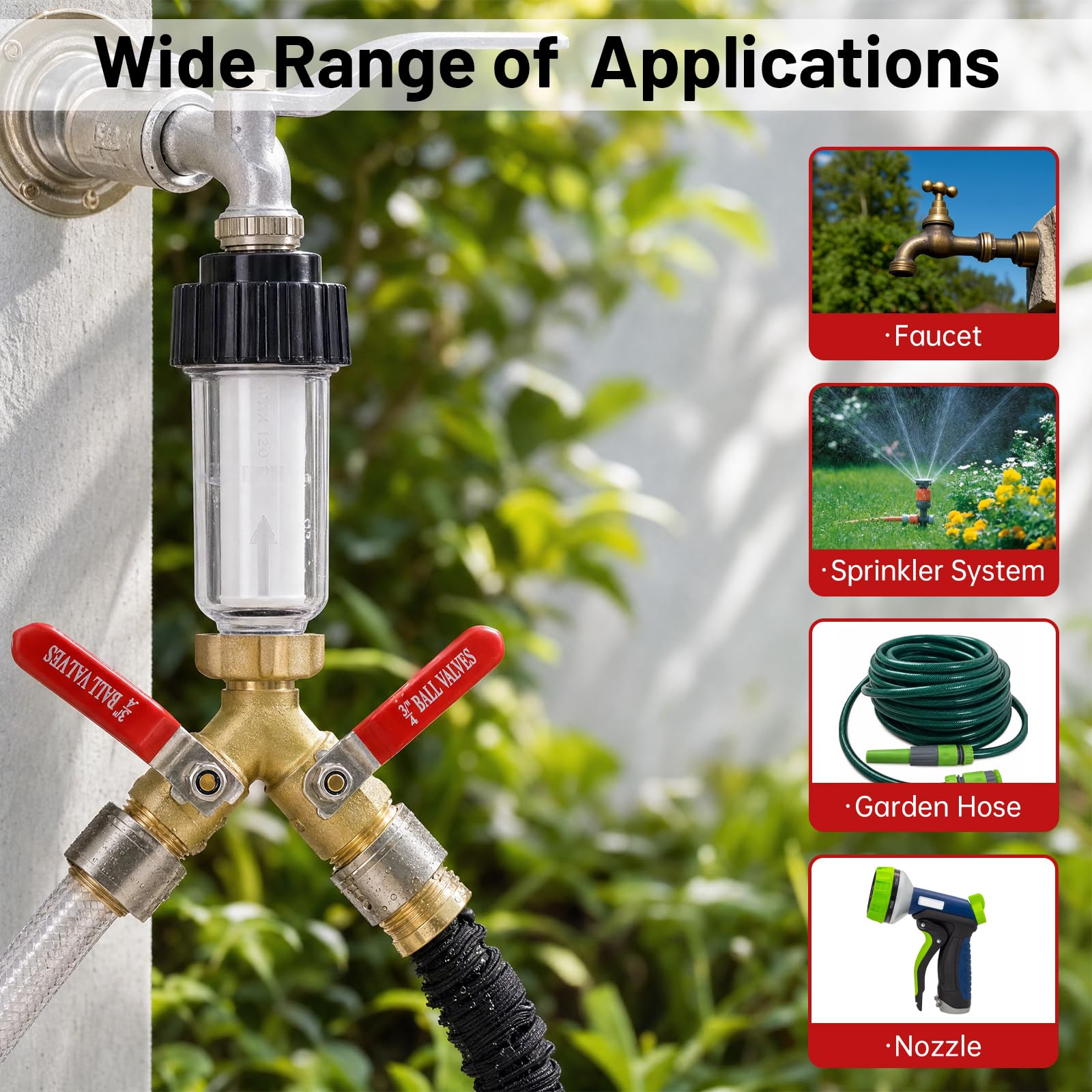 Splitter per tubo da giardino a 2 vie, in ottone resistente, valvola a Y a | con filtro e set di connessione rapida, manico in acciaio inossidabile 304, adattatore per acqua a flusso completo per prato