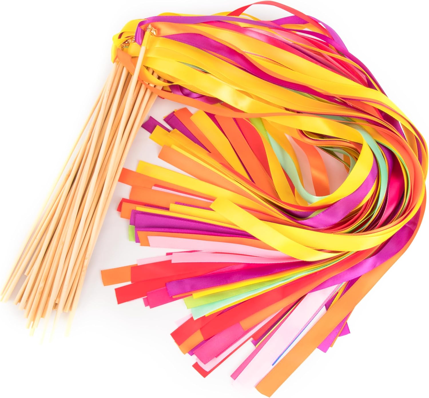 100pcs Rainbow Ribbon Stick Wands with Gold Bell, Multi-Colored Fairy Wish Wands Party Rhythm Send-Off Idea Ribbon Streamers for Wedding, Bridal Shower, Pride Parade, Ceremony Exit Photo Props