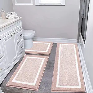 Pauwer 3-Piece Bathroom Shower Rug Set with U-Shaped Contour Toilet Mat, Absorbent Microfiber Plush Bath Mats, Non-Slip, Machine Washable Shaggy Bathroom Floor Mats, Dusty Pink