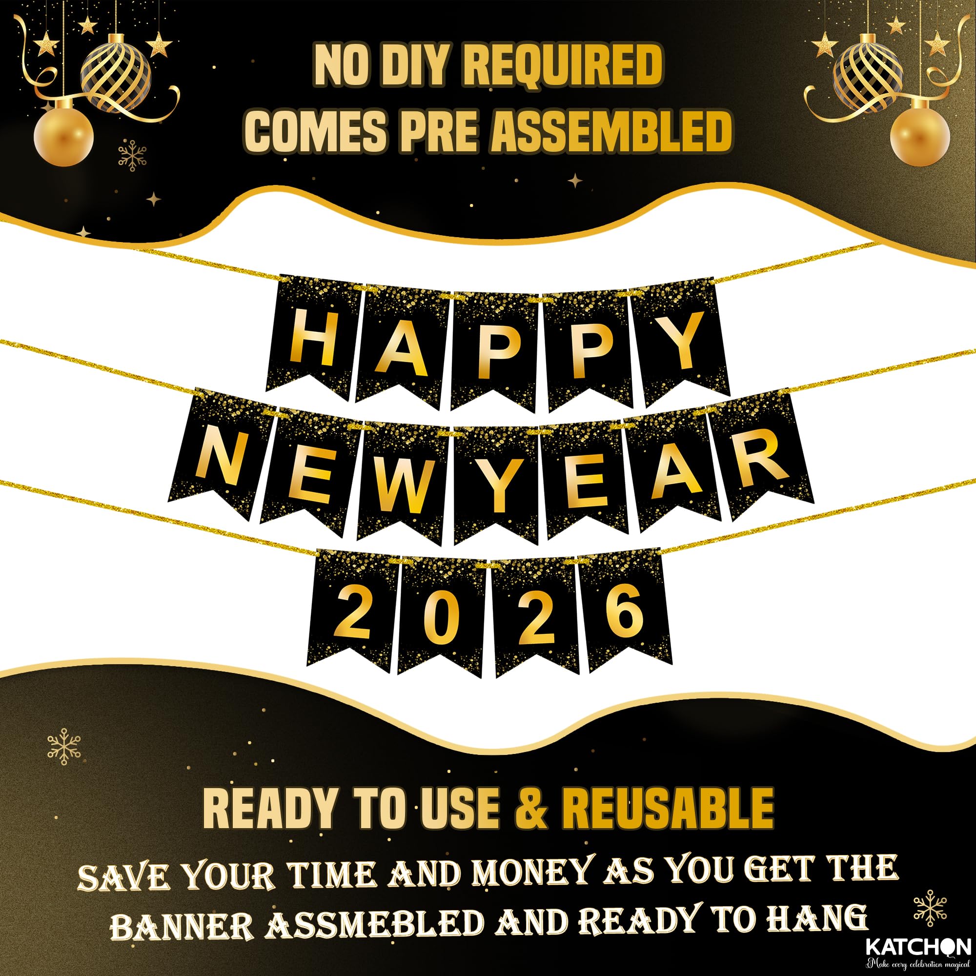Gold Glitter Happy New Year Banner 10 Feet - Black And Gold 2025 Party Decor, No DIY Pre-Strung - View #3