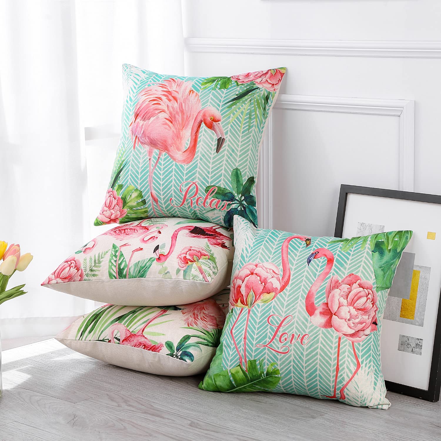 Artscope Imperméable Housse de Coussin, Lot de 4 Extérieur Flamant et Fleurs Roses Canapé Taie d'oreiller pour Patio Jardin Salon Chambre Décoration, 45x45cm