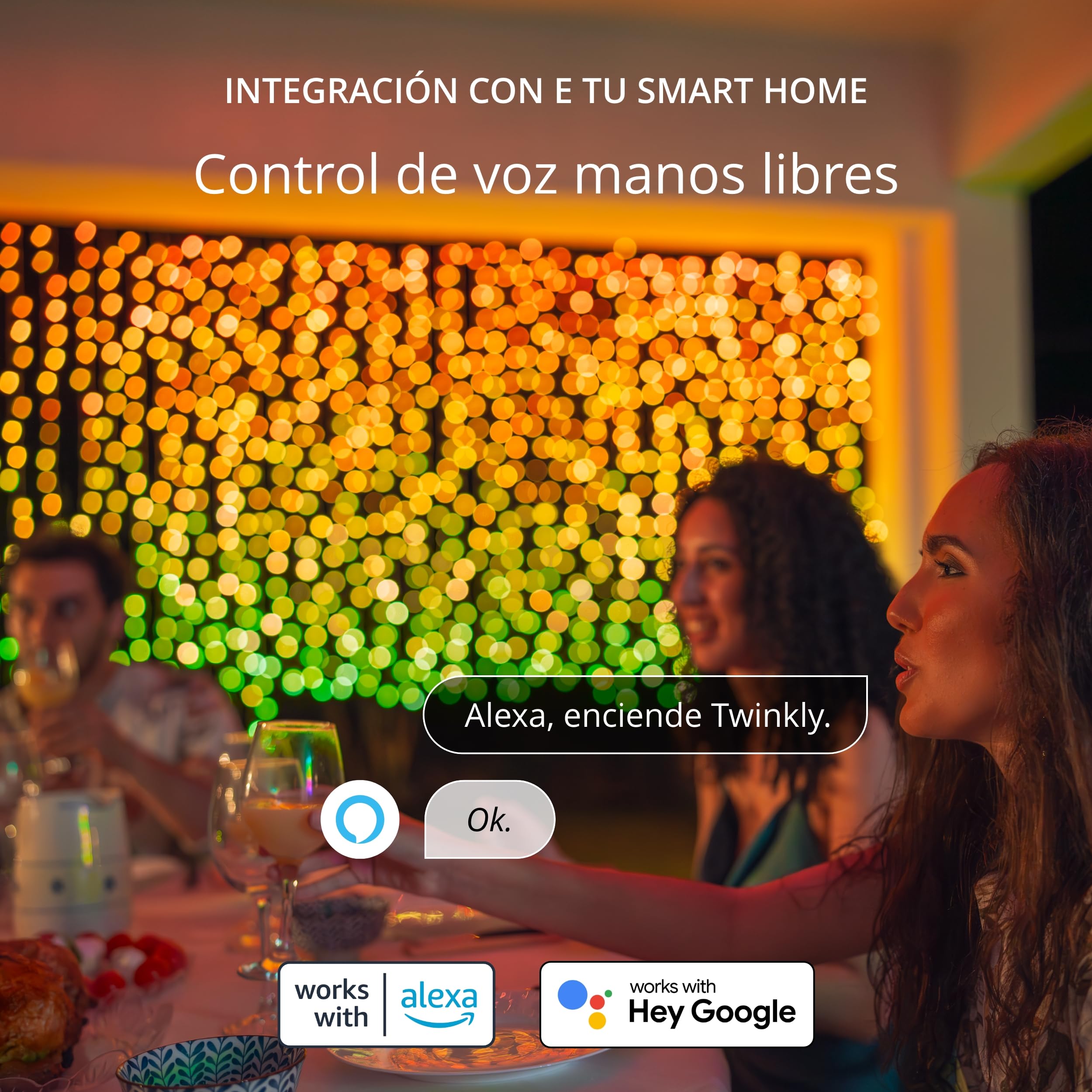 Twinkly Curtain 210 LED RGB+Blanco, Cadena de luces LED para interior y exterior, luces inteligentes, RGB y blanco, compatible con Alexa, Google Home, IP44, control de aplicación, cable transparente