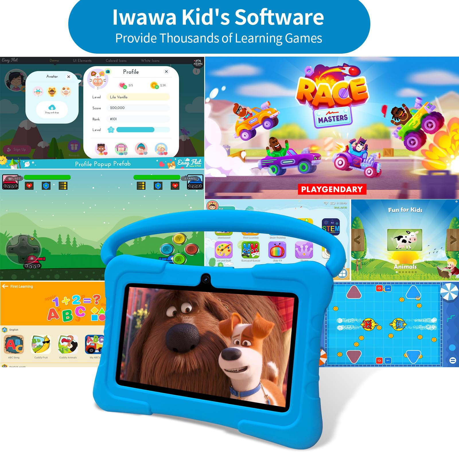 Tablet per bambini da 7 pollici, 32 GB, Android 13 con WiFi, doppia fotocamera, istruzione, giochi, software per bambini preinstallato, tablet PC con filtri per età, controllo genitori (blu)