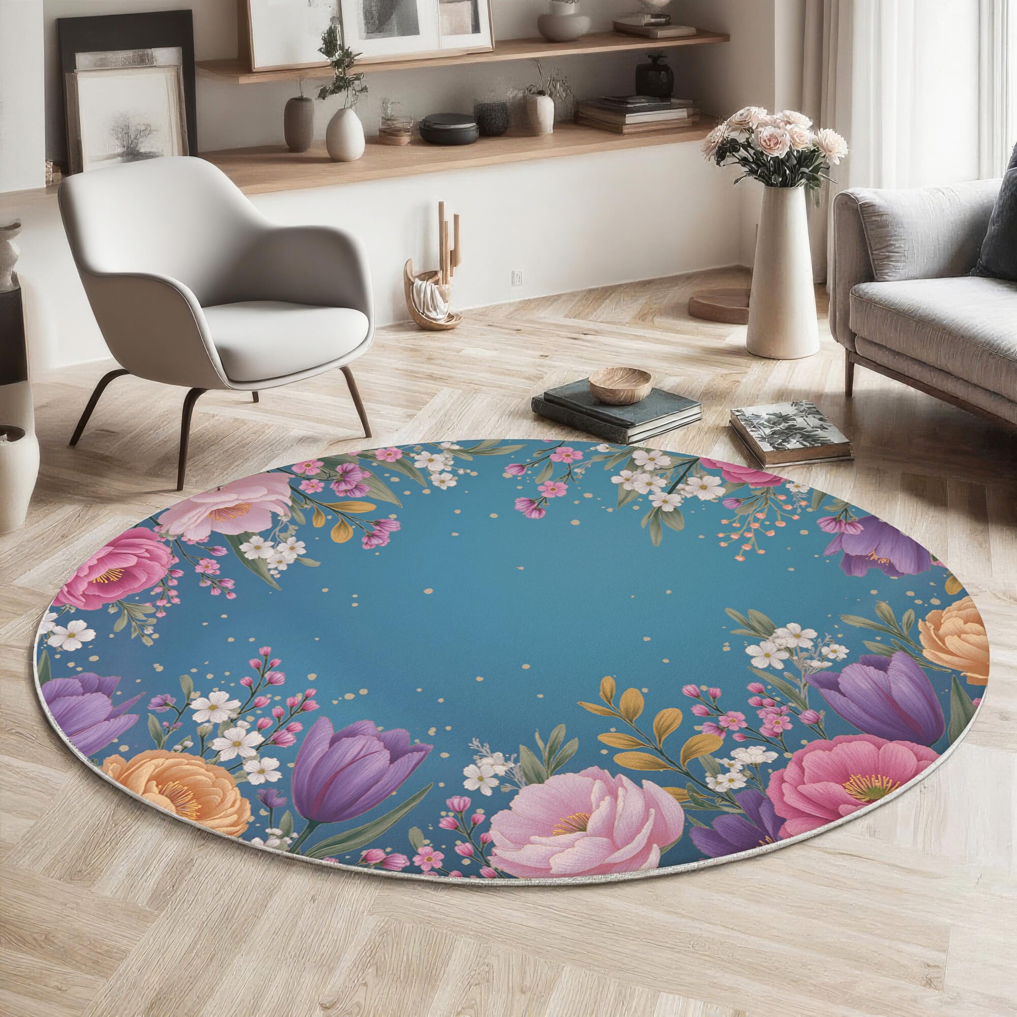 Tapis rond floral 200cm lavable en machine imprimé tulipe vert rose bleu